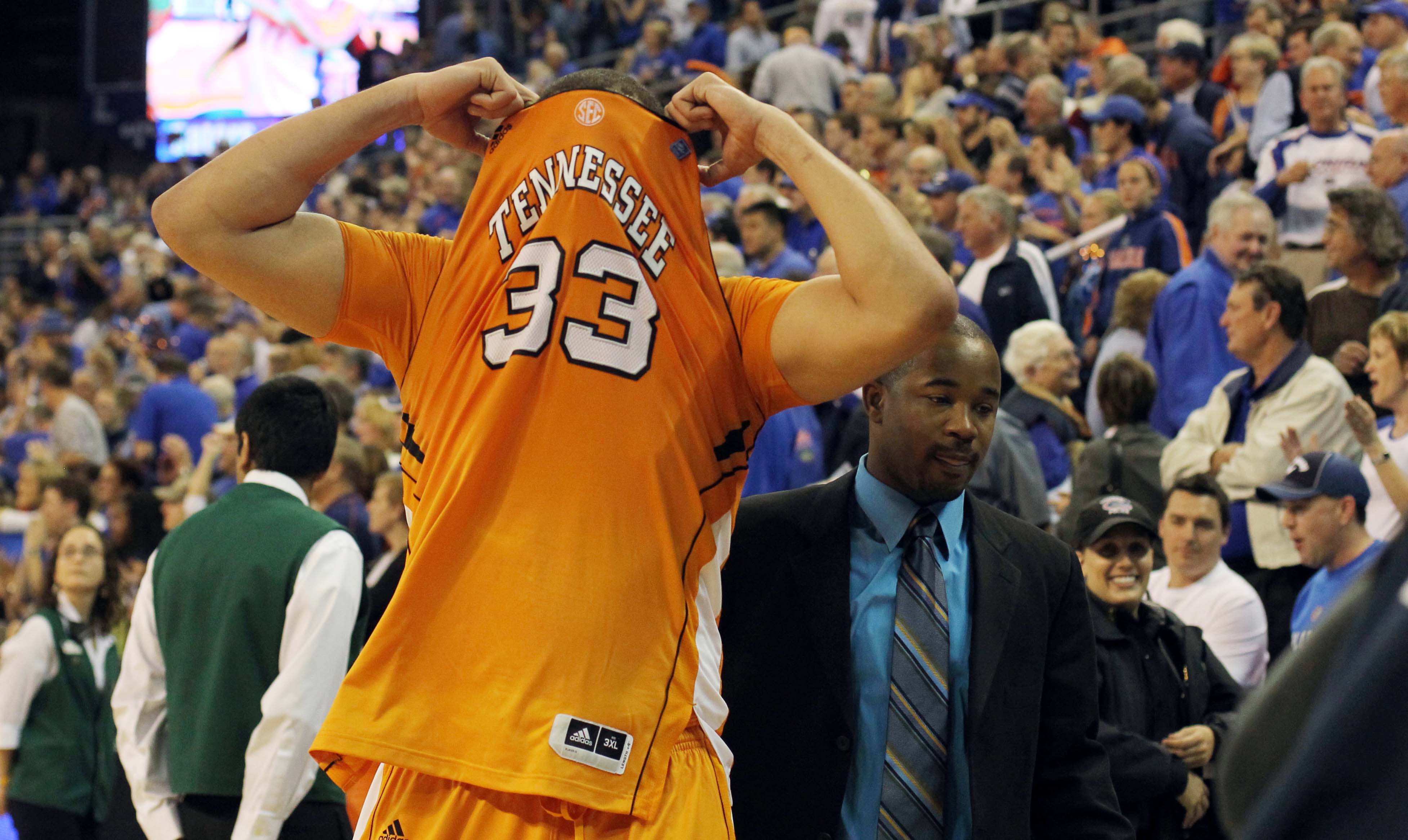 February 12, 2011; Gainesville, FL, USA; Tennessee Volunteers center Brian Williams (33) reacts after losing to the against the Florida Gators at the Stephen C. O'Connell Center. Florida Gators defeated Tennessee Volunteers 61-60.