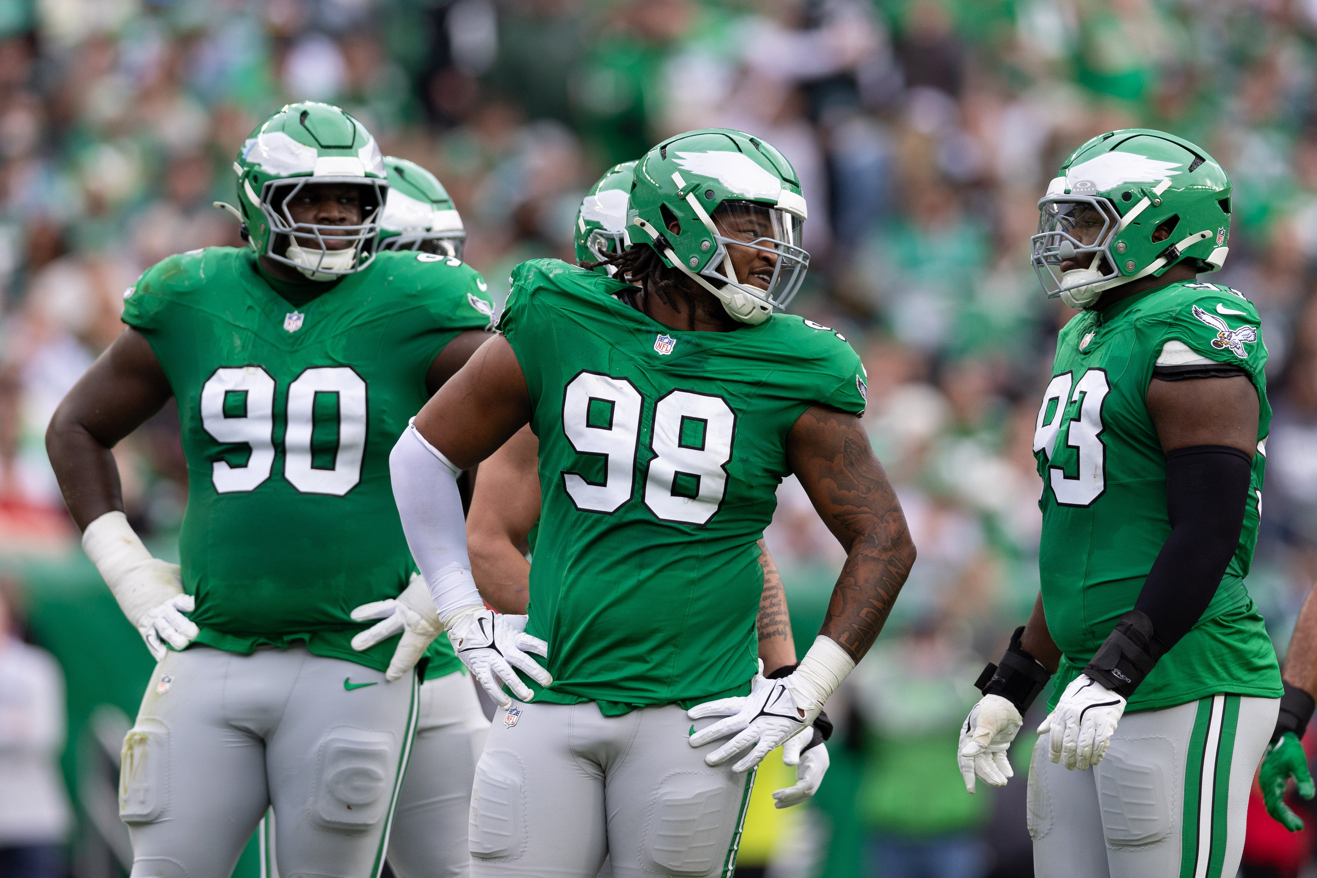 Philadelphia Eagles defensive tackle Jalen Carter (98) and defensive tackle Jordan Davis (90) and defensive tackle Milton Williams (93) during the second quarter against the Dallas Cowboys at Lincoln.