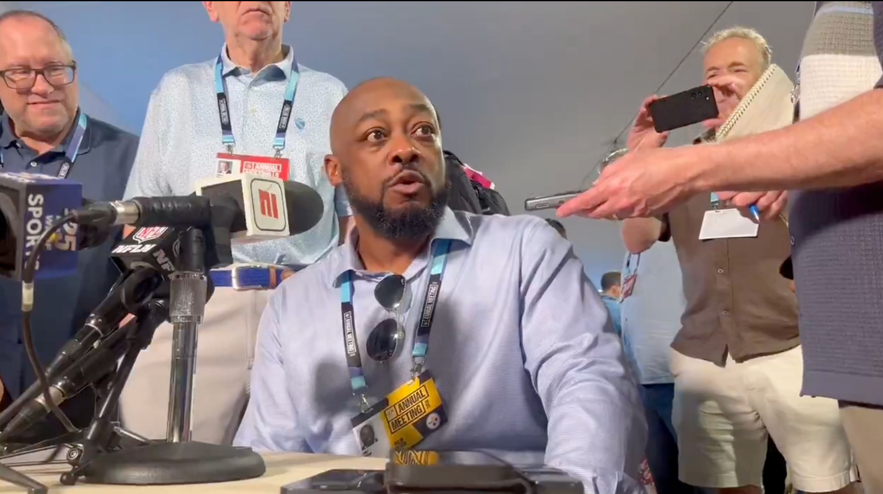 Pittsburgh Steelers HC Mike Tomlin addresses the media at 2025 annual league owners' meetings in Palm Beach, Florida, 3/31/25.