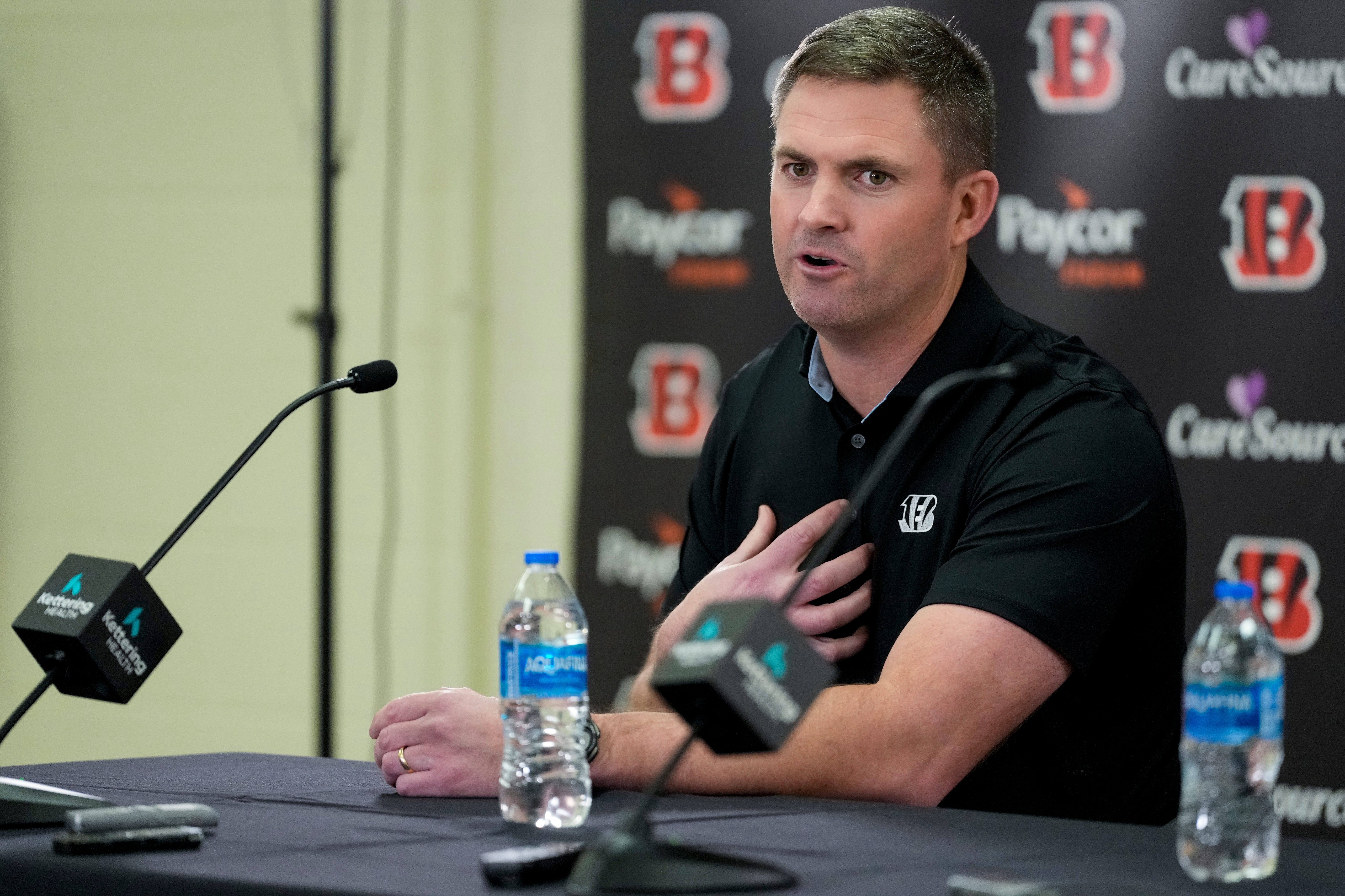 Cincinnati Bengals head coach Zac Taylor speaks during a press conference to announce the signing of new contracts for Cincinnati Bengals wide receivers Ja’Marr Chase and Tee Higgins at Paycor Stadium in downtown Cincinnati on Tuesday, March 18, 2025. Chase becomes the new highest-paid non-quarterback player in the NFL.