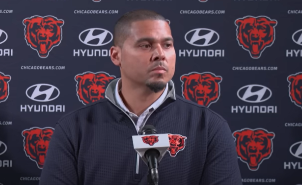 Chicago Bears general manager Ryan Poles addresses the media at Halas Hall.