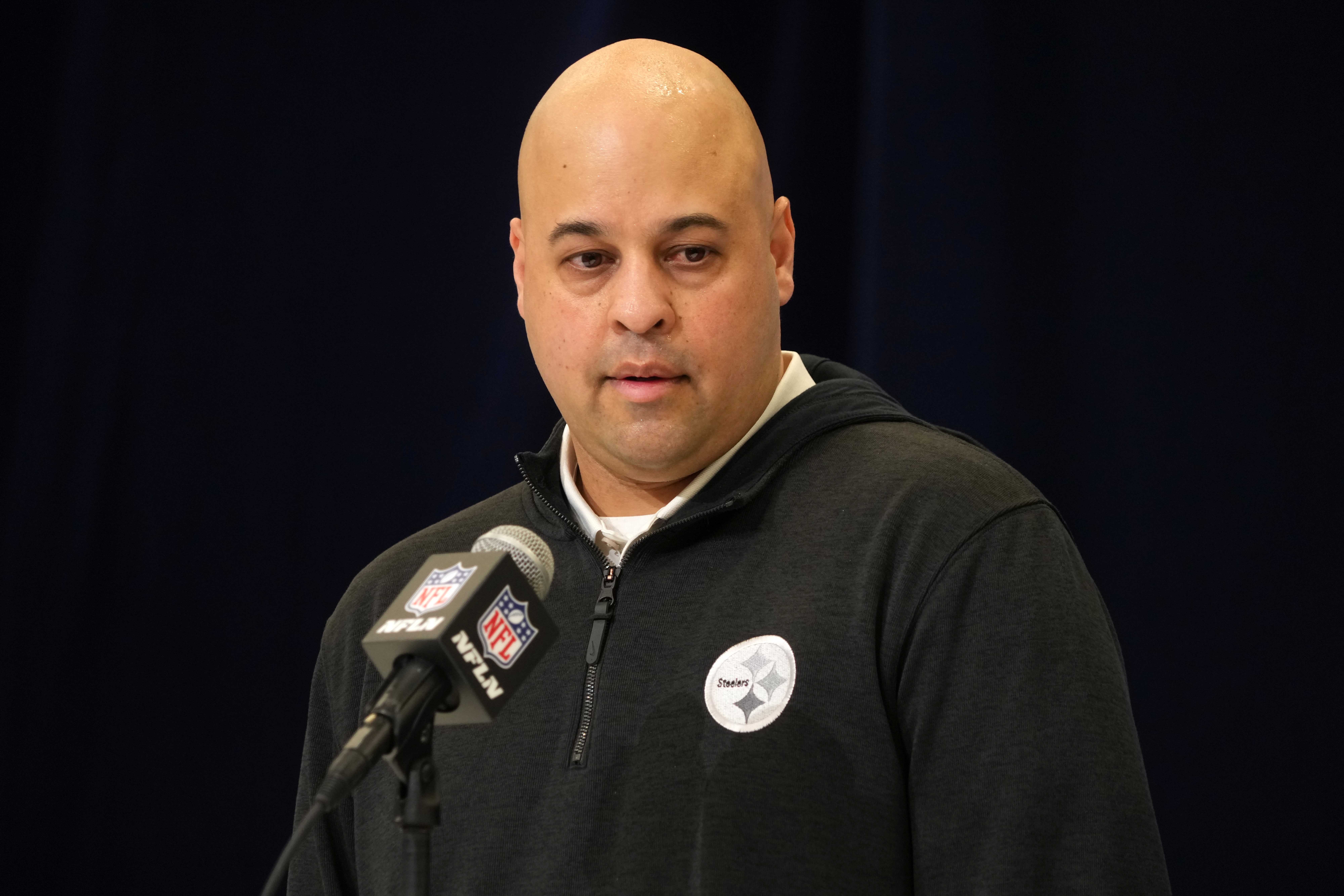 Feb 25, 2025; Indianapolis, IN, USA; Pittsburgh Steelers general manager Omar Khan speaks during the NFL Scouting Combine at the Indiana Convention Center. Mandatory Credit: Kirby Lee-Imagn Images