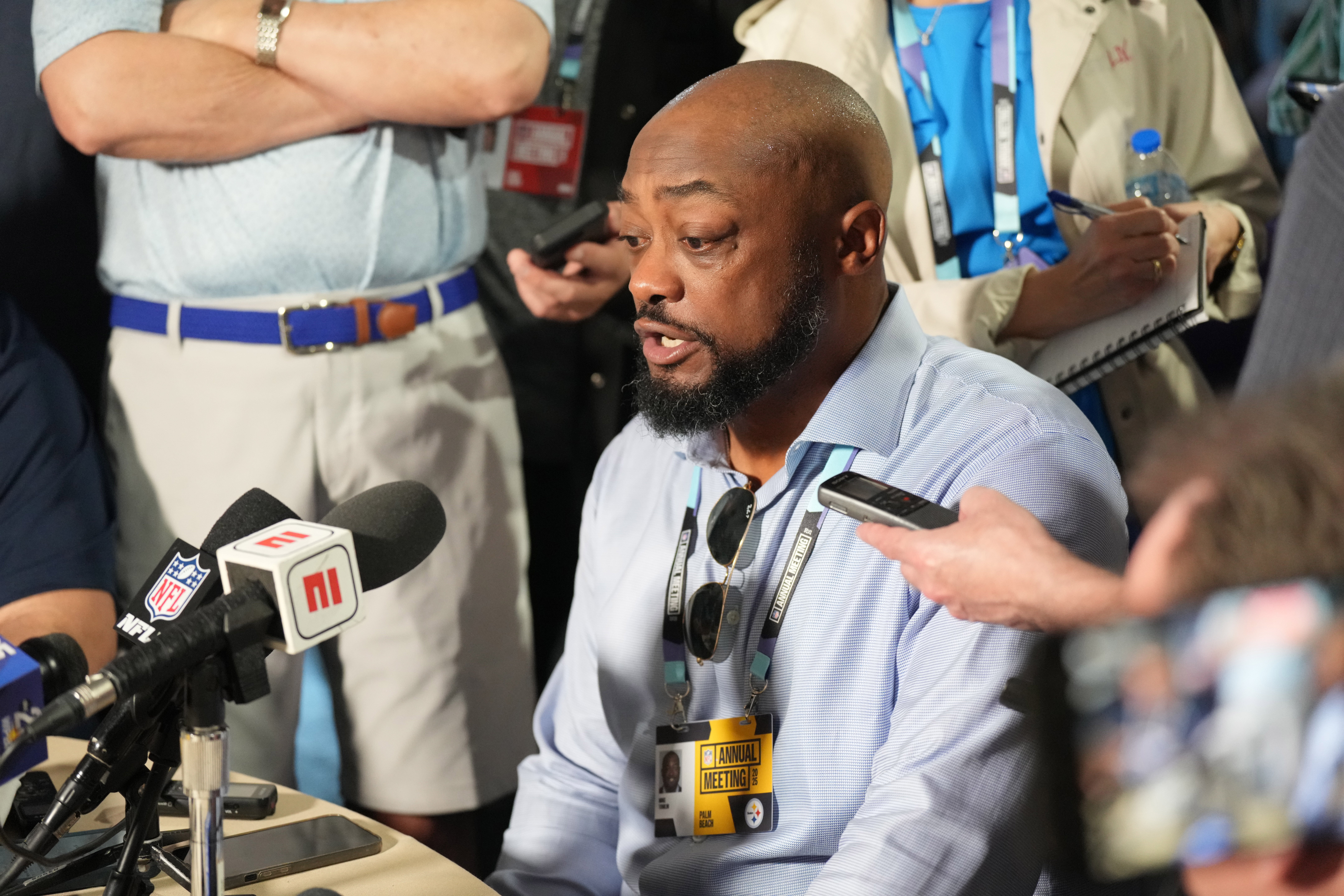 Mar 31, 2025; Palm Beach, FL, USA; Pittsburgh Steelers head coach Mike Tomlin answers questions from the media during the NFL Annual League Meeting at The Breakers.
