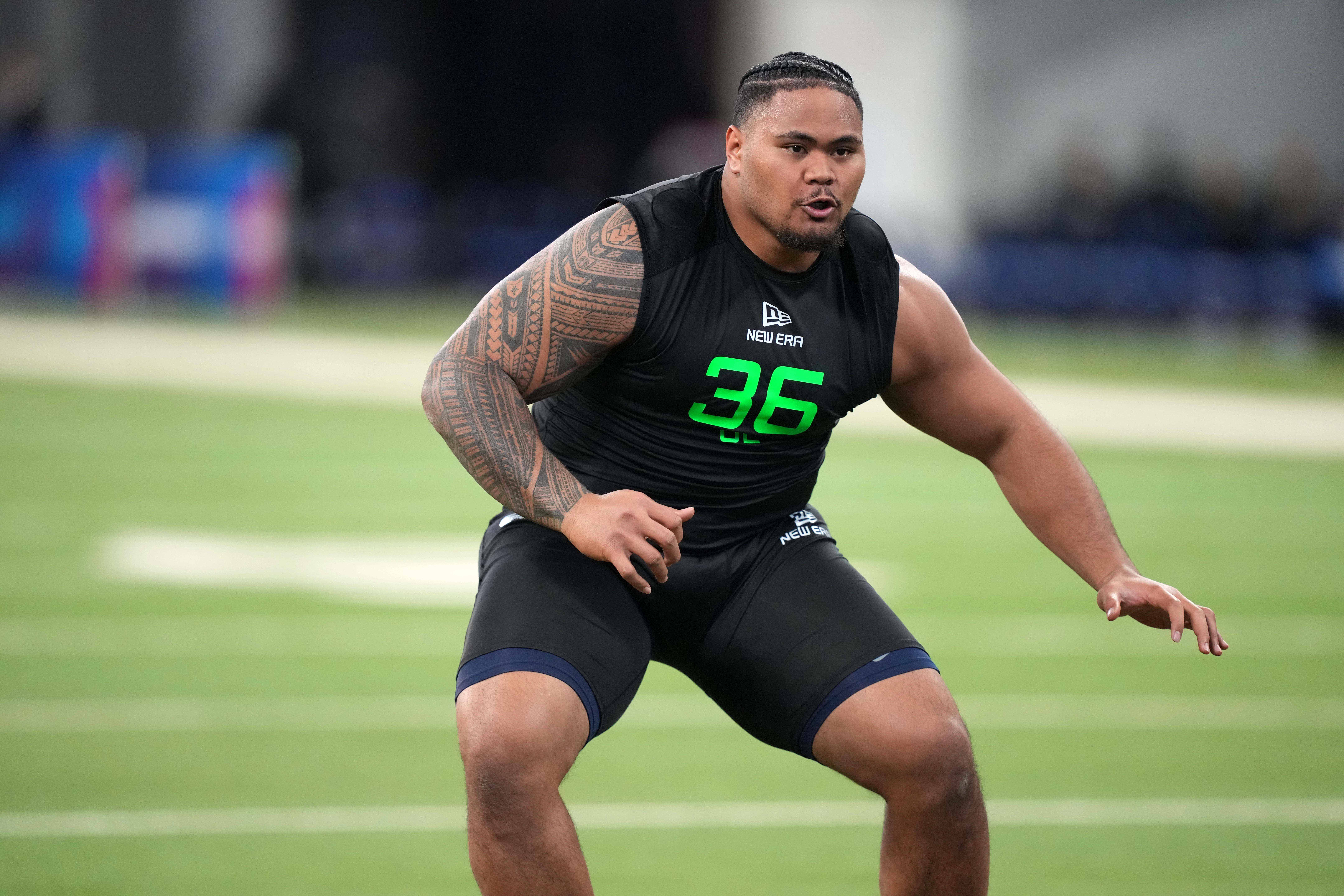 Mar 2, 2025; Indianapolis, IN, USA; Arizona offensive lineman Jonah Savaiinaea (OL36) during the 2025 NFL Scouting Combine at Lucas Oil Stadium. Mandatory Credit: Kirby Lee-Imagn Images