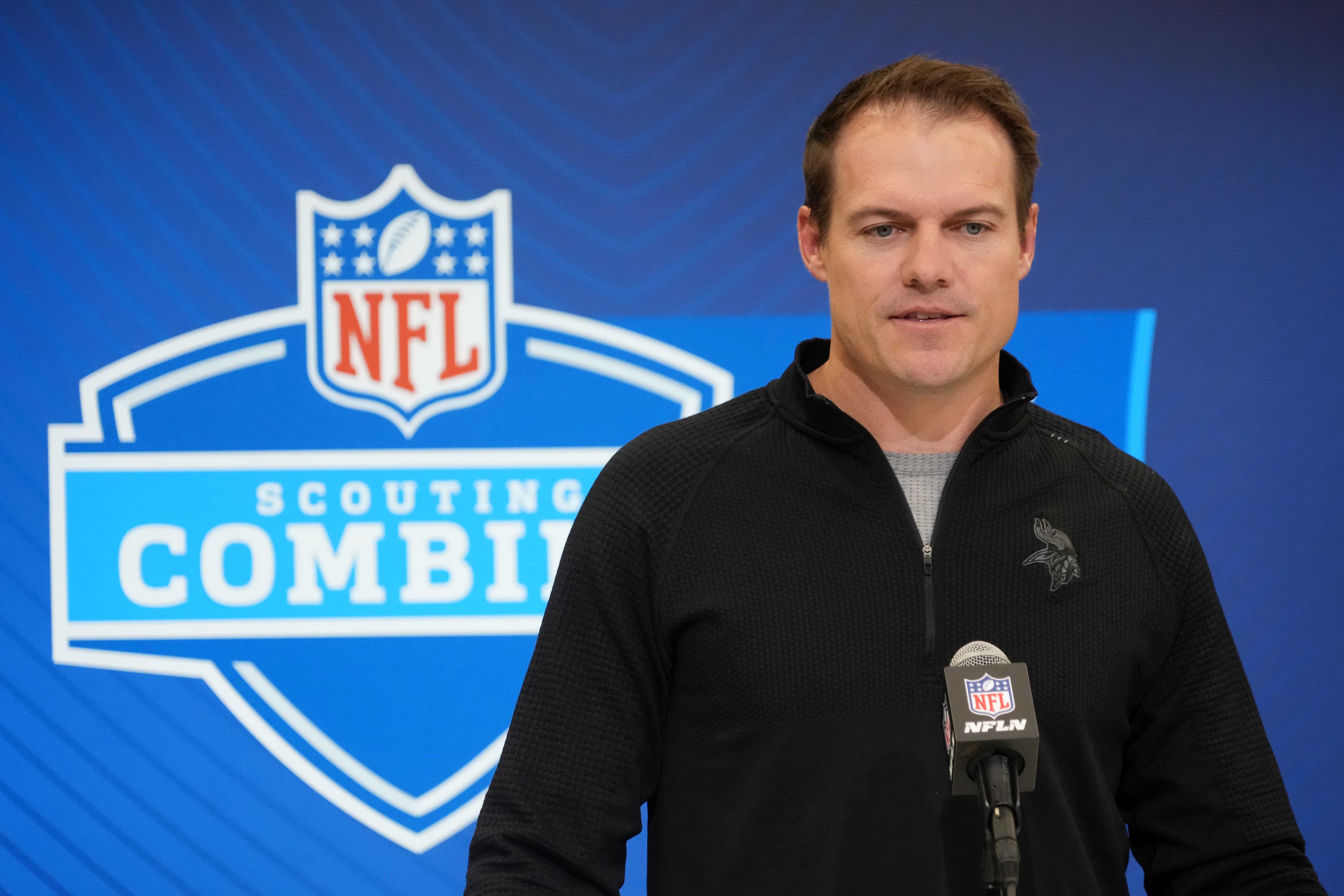 Feb 25, 2025; Indianapolis, IN, USA; Minnesota Vikings coach Kevin O'Connell speaks during the NFL Scouting Combine at the Indiana Convention Center.