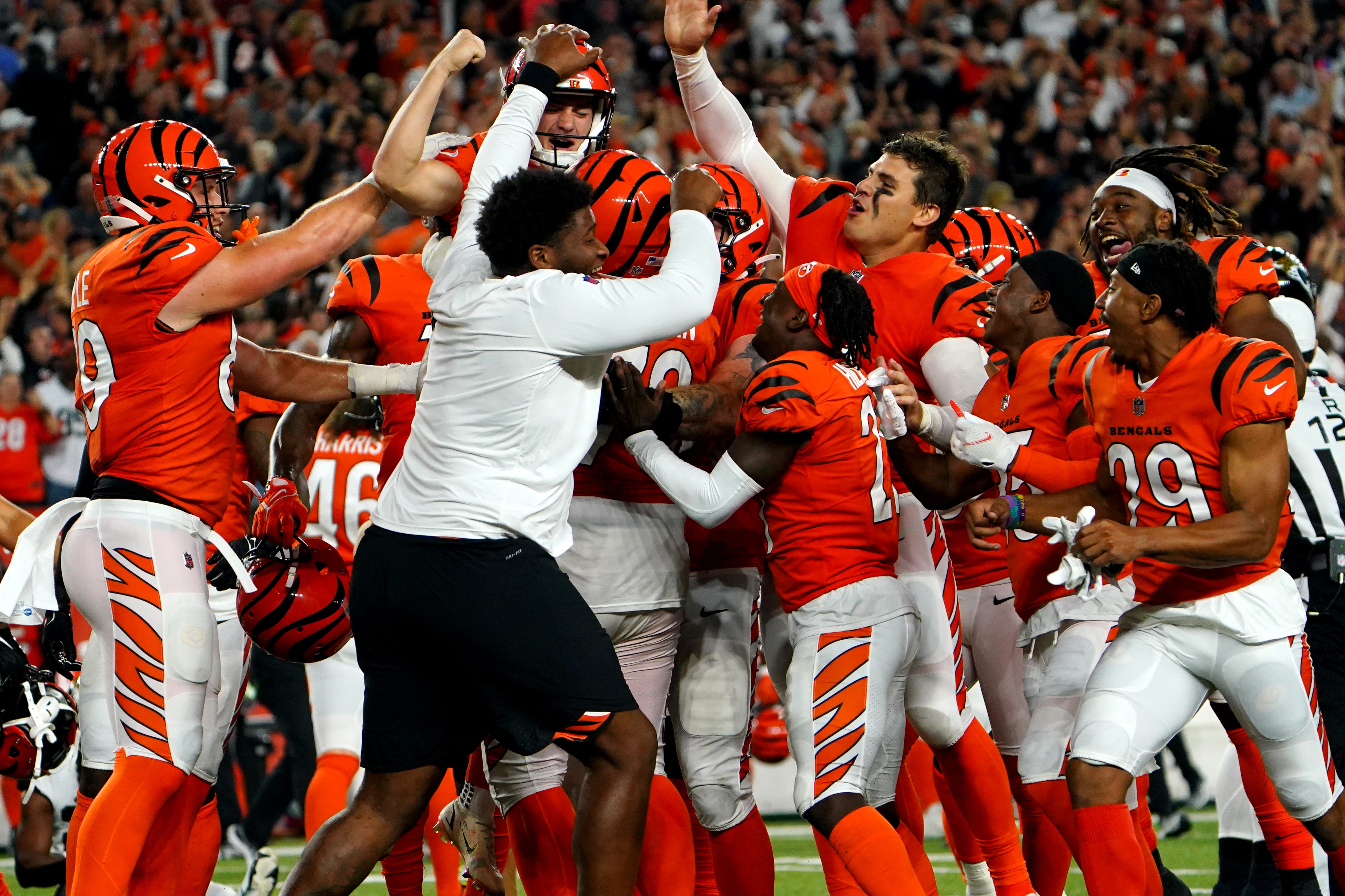 Cincinnati Bengals kicker Evan McPherson (2) celebrates after kicking the game-winning field goal in the fourth quarter during a Week 4 NFL football game against the Jacksonville Jaguars, Thursday, Sept. 30, 2021, at Paul Brown Stadium in Cincinnati. Jacksonville Jaguars At Cincinnati Bengals Sept 30  