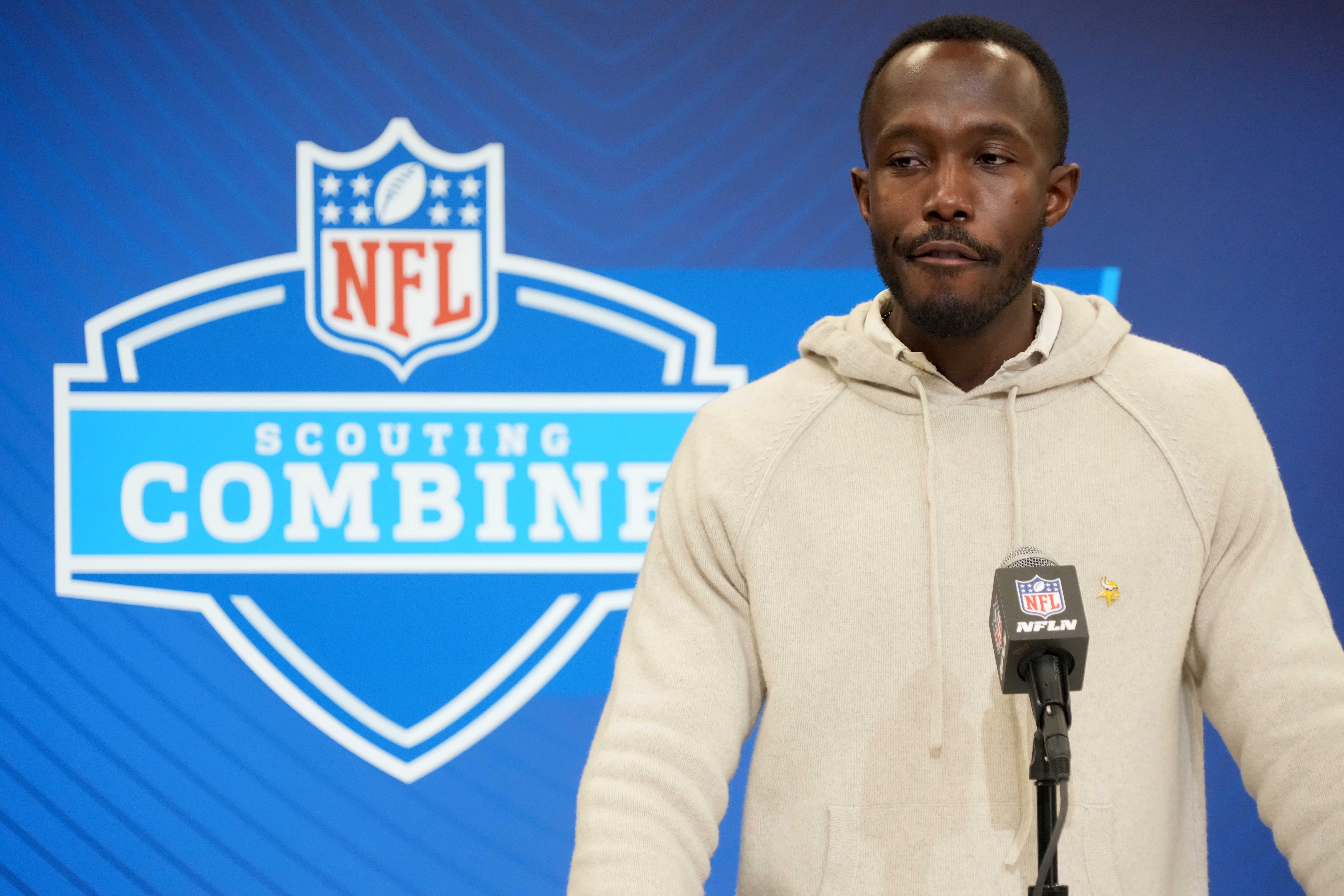 Feb 25, 2025; Indianapolis, IN, USA; Minnesota Vikings general manager Kwesi Adofo-Mensah speaks during the NFL Scouting Combine at the Indiana Convention Center.