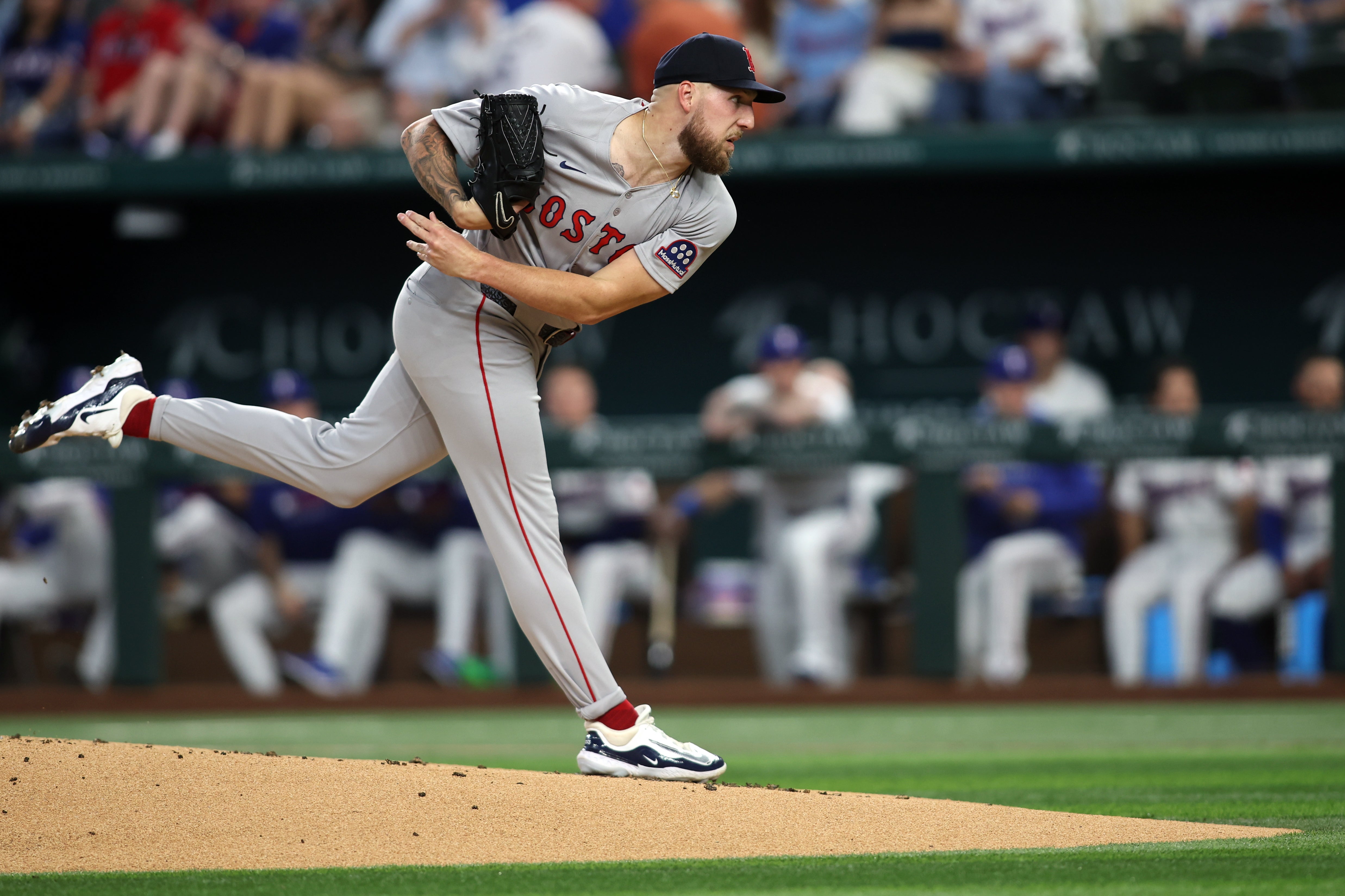 Mar 27, 2025; Arlington, Texas, USA; Boston Red Sox pitcher Garrett Crochet (35) throws a pitch in the first inning against the Texas Rangers at Globe Life Field.