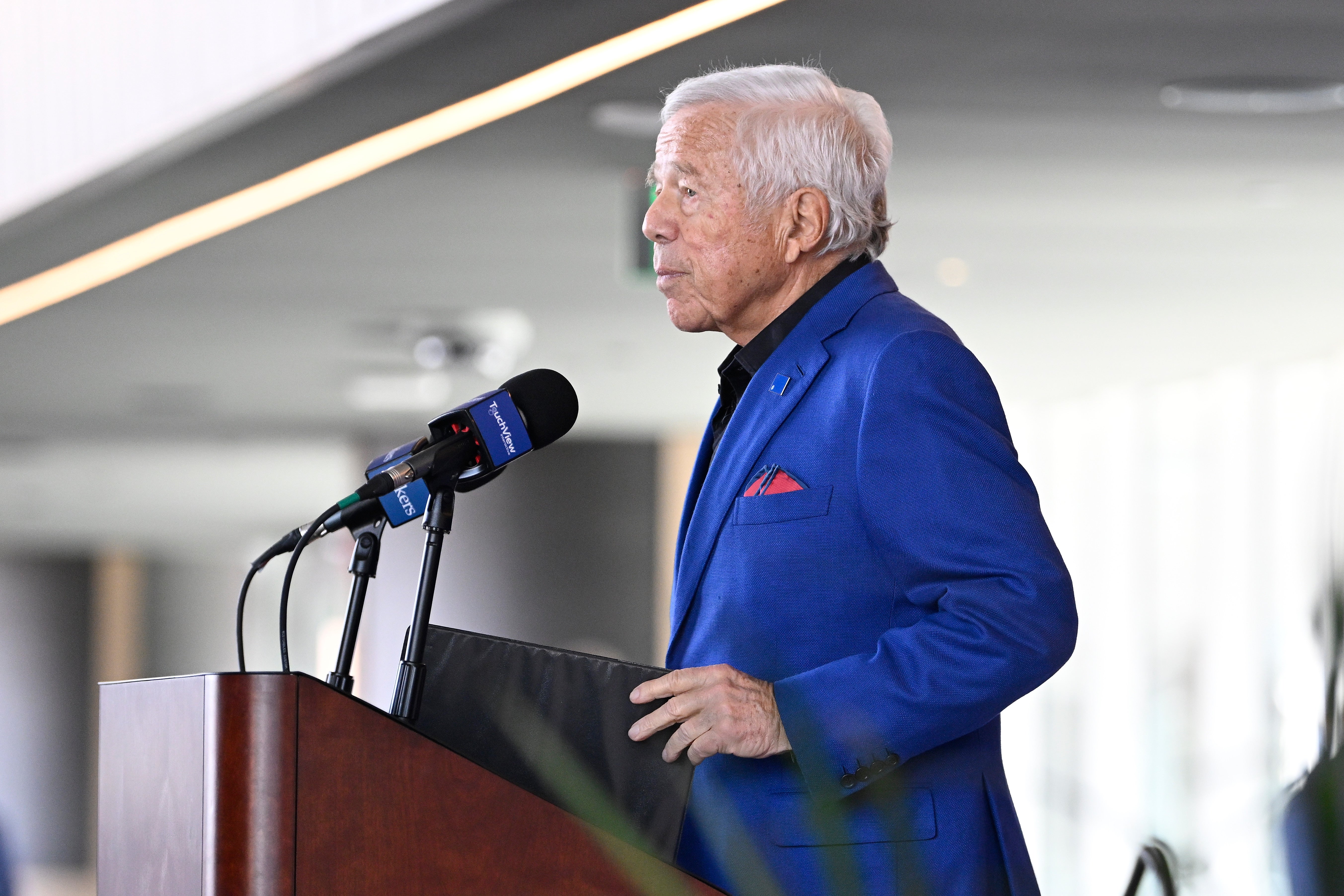 Mar 13, 2025; Foxborough, MA, USA; New England Patriots owner Robert Kraft discusses the teamís recent free agent additions with the media at Gillette Stadium.