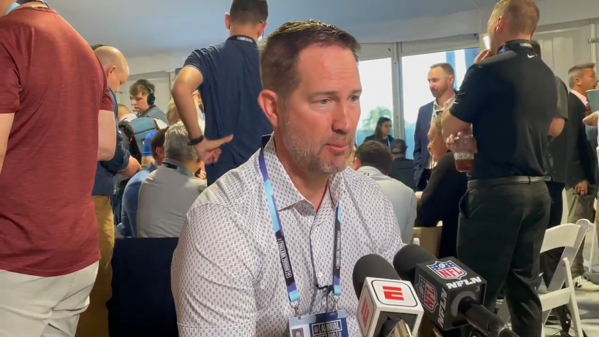 Dallas Cowboys HC Brian Schottenheimer speaks to reporters at the NFL annual meeting in Florida.