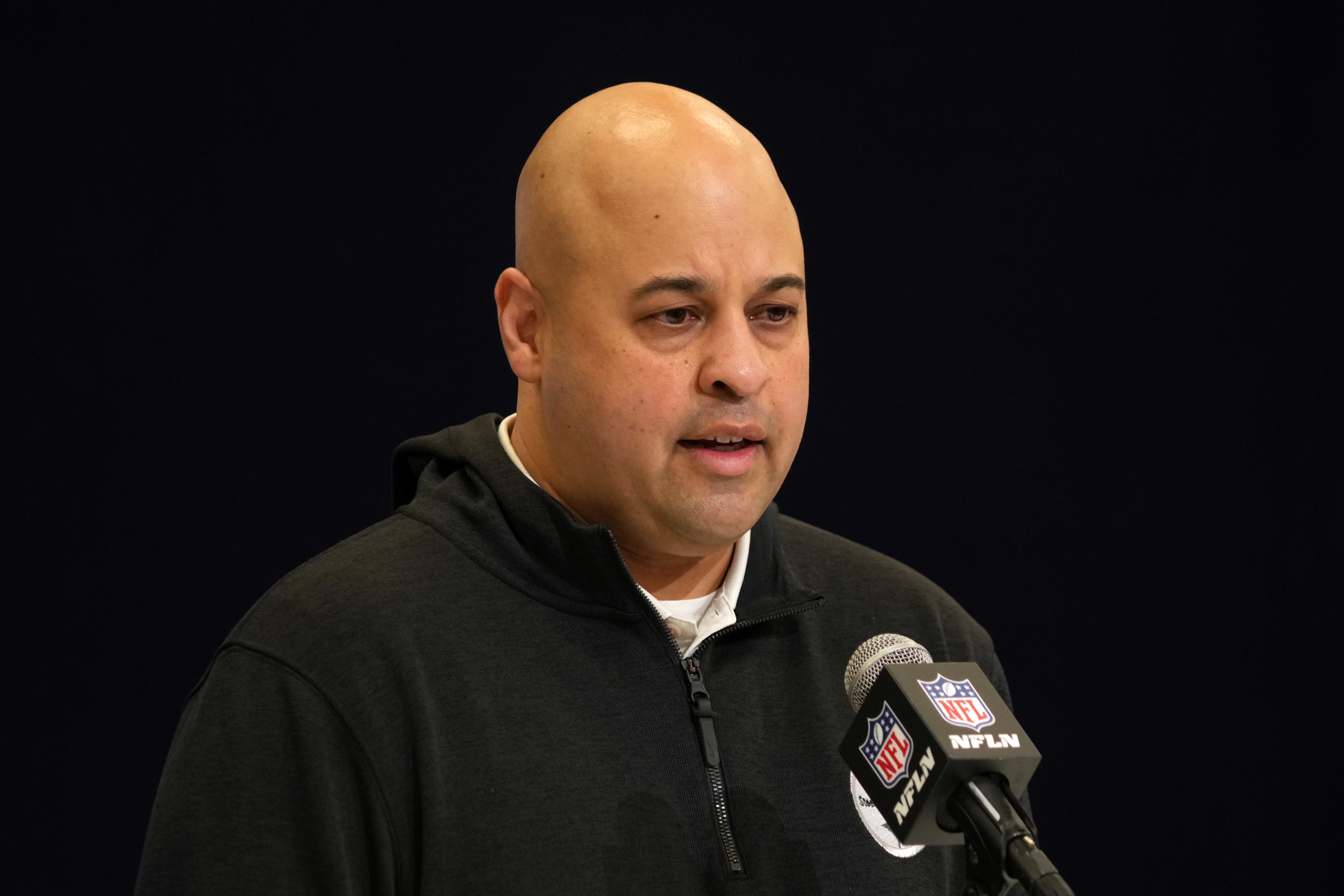 Feb 25, 2025; Indianapolis, IN, USA; Pittsburgh Steelers general manager Omar Khan speaks during the NFL Scouting Combine at the Indiana Convention Center.