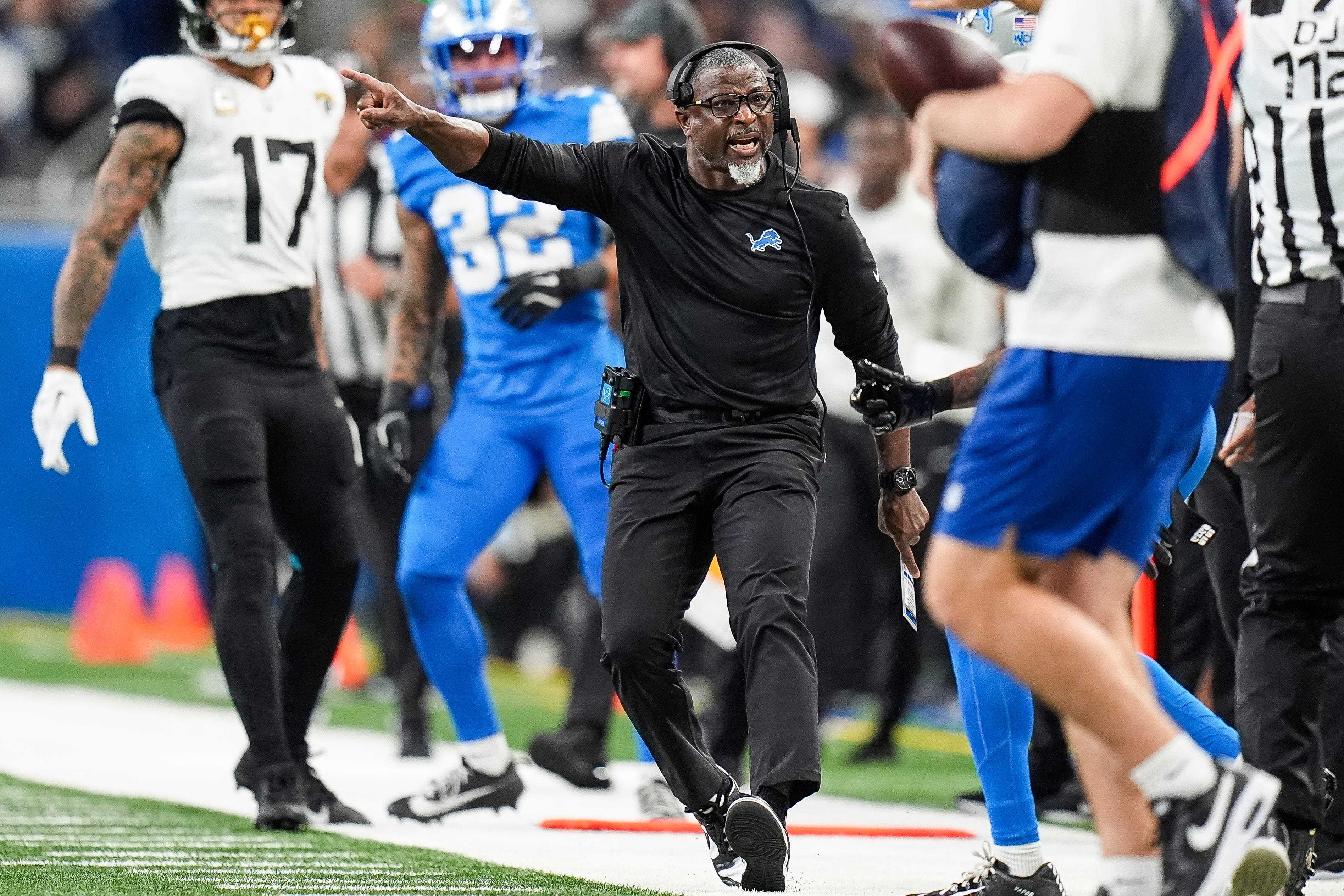 Detroit Lions defensive coordinator Aaron Glenn reacts to a play against Jacksonville Jaguars during the second half at Ford Field in Detroit on Sunday, Nov. 17, 2024.