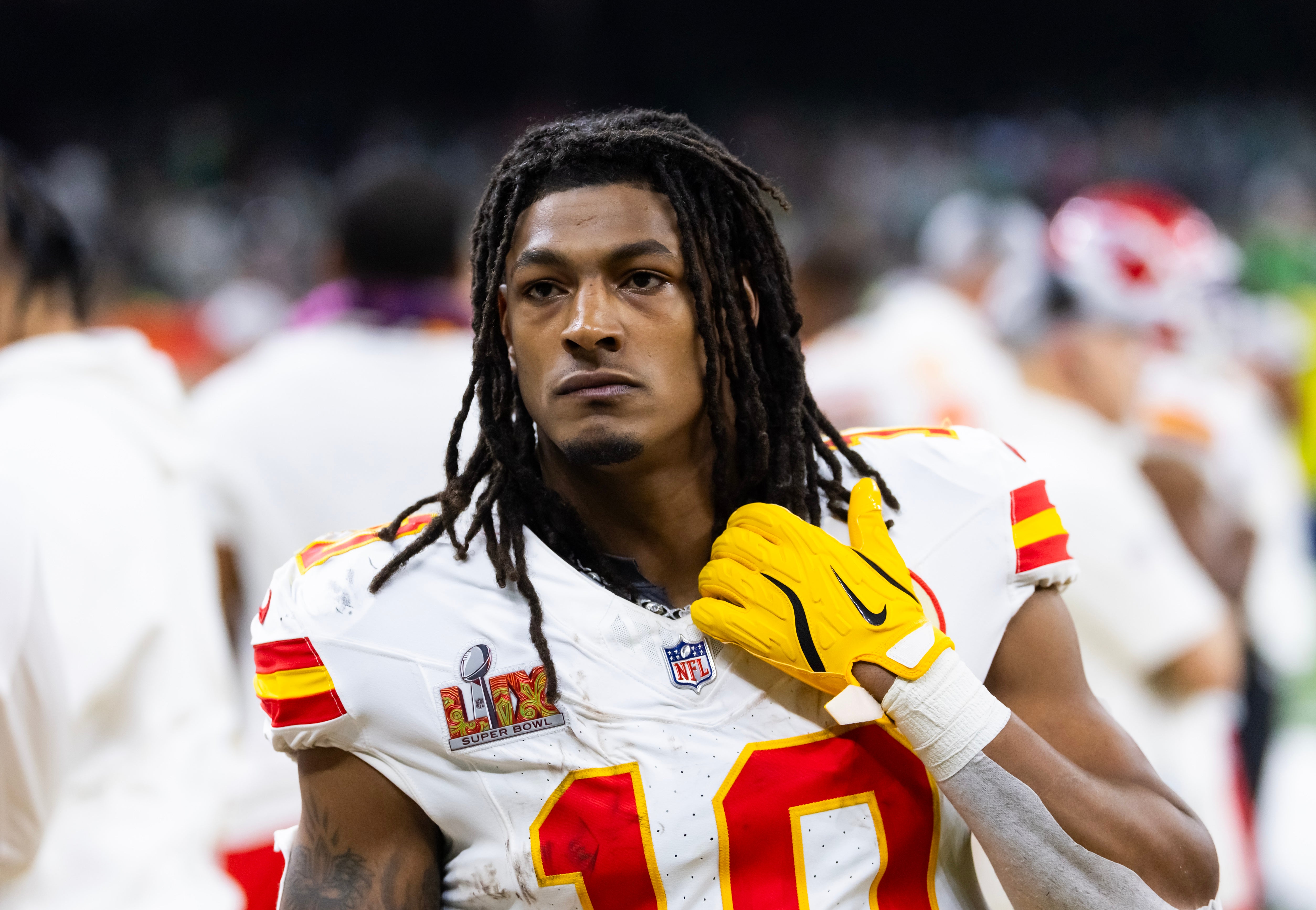 Feb 9, 2025; New Orleans, LA, USA; Kansas City Chiefs running back Isiah Pacheco (10) against the Philadelphia Eagles in Super Bowl LIX at Ceasars Superdome.