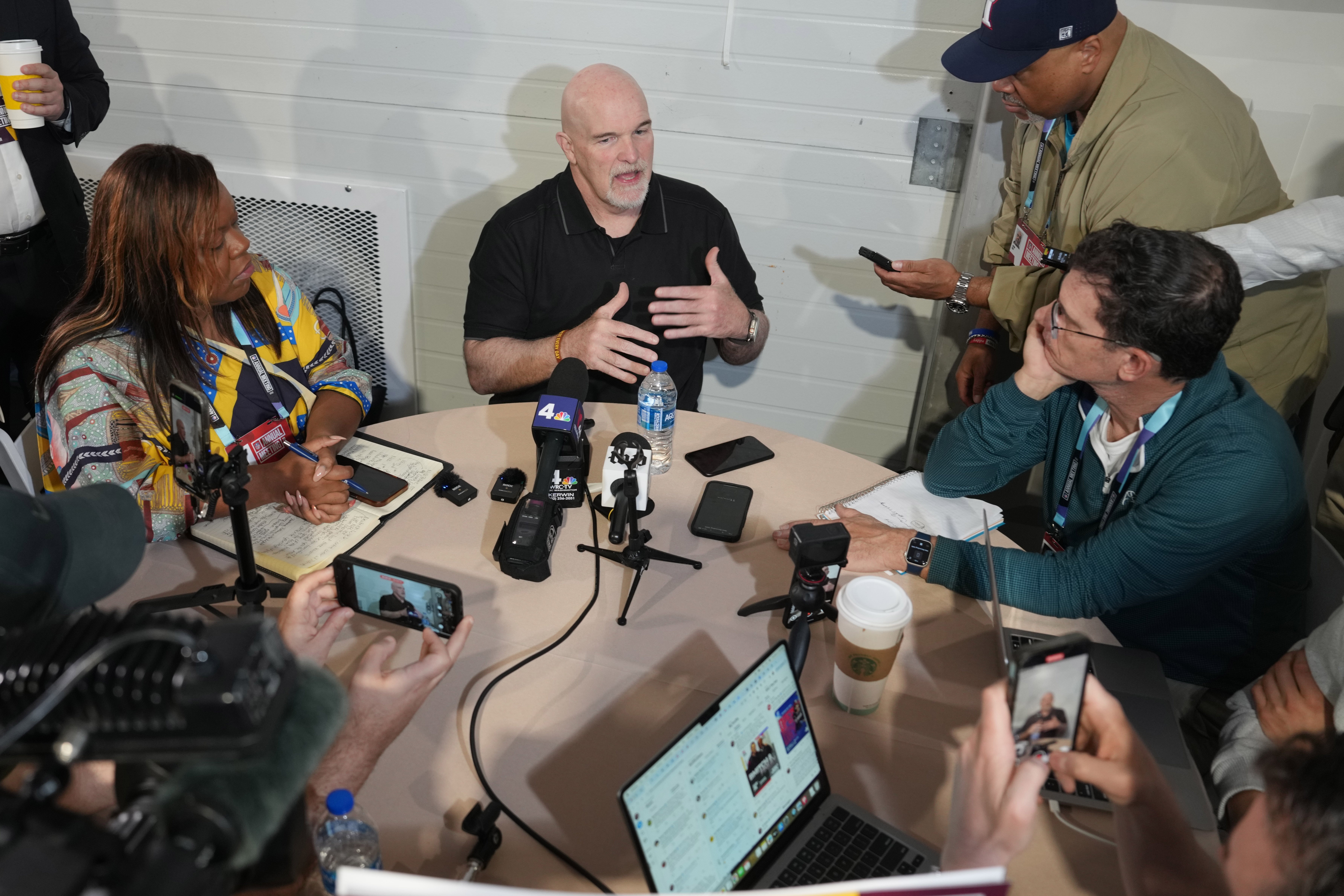 Apr 1, 2025; Palm Beach, FL, USA; Washington Commanders head coach Dan Quinn answers questions from the media during the NFL Annual League Meeting at The Breakers.
