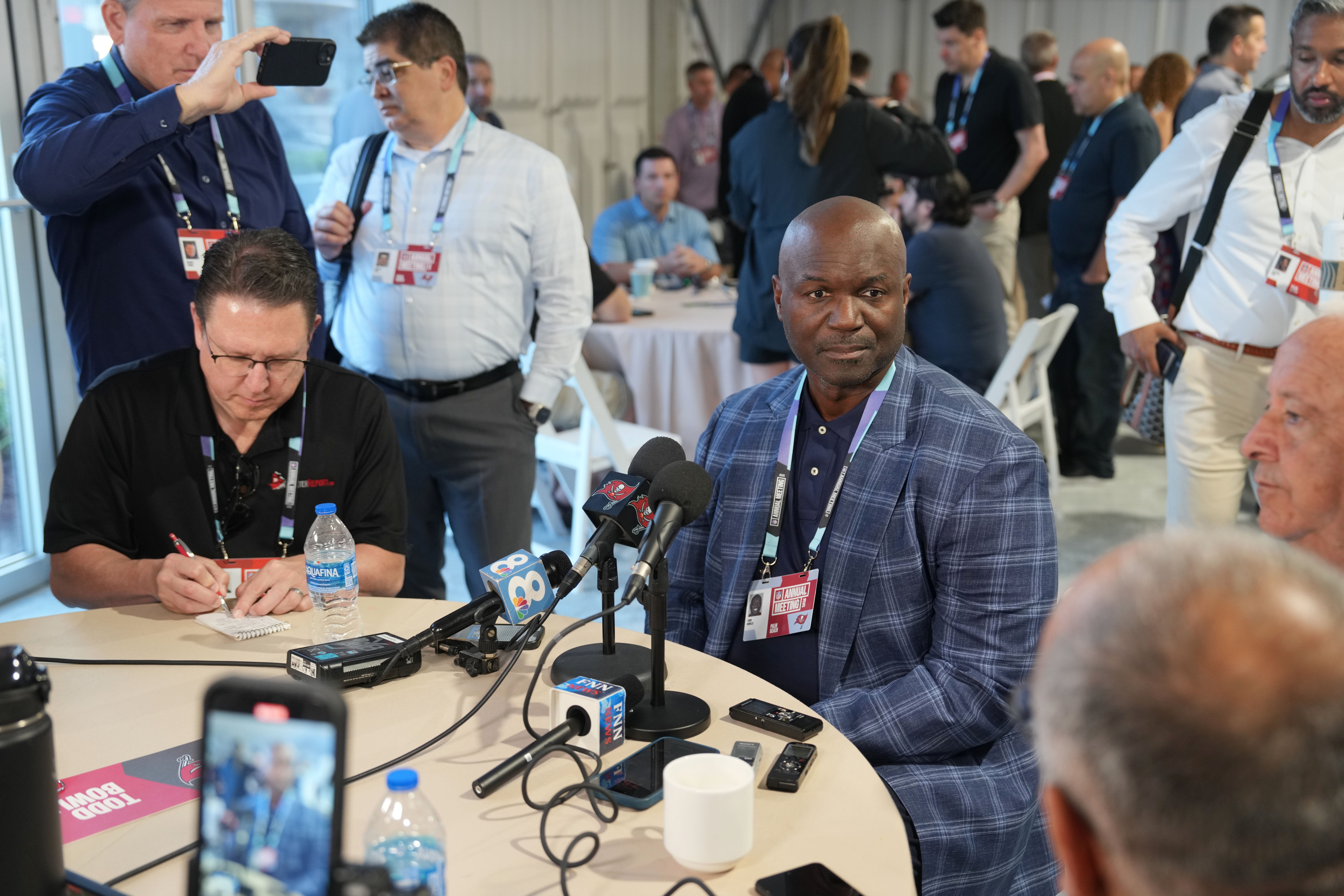 Apr 1, 2025; Palm Beach, FL, USA; Tampa Buccaneers head coach Todd Bowles answers questions from the media during the NFL Annual League Meeting at The Breakers.