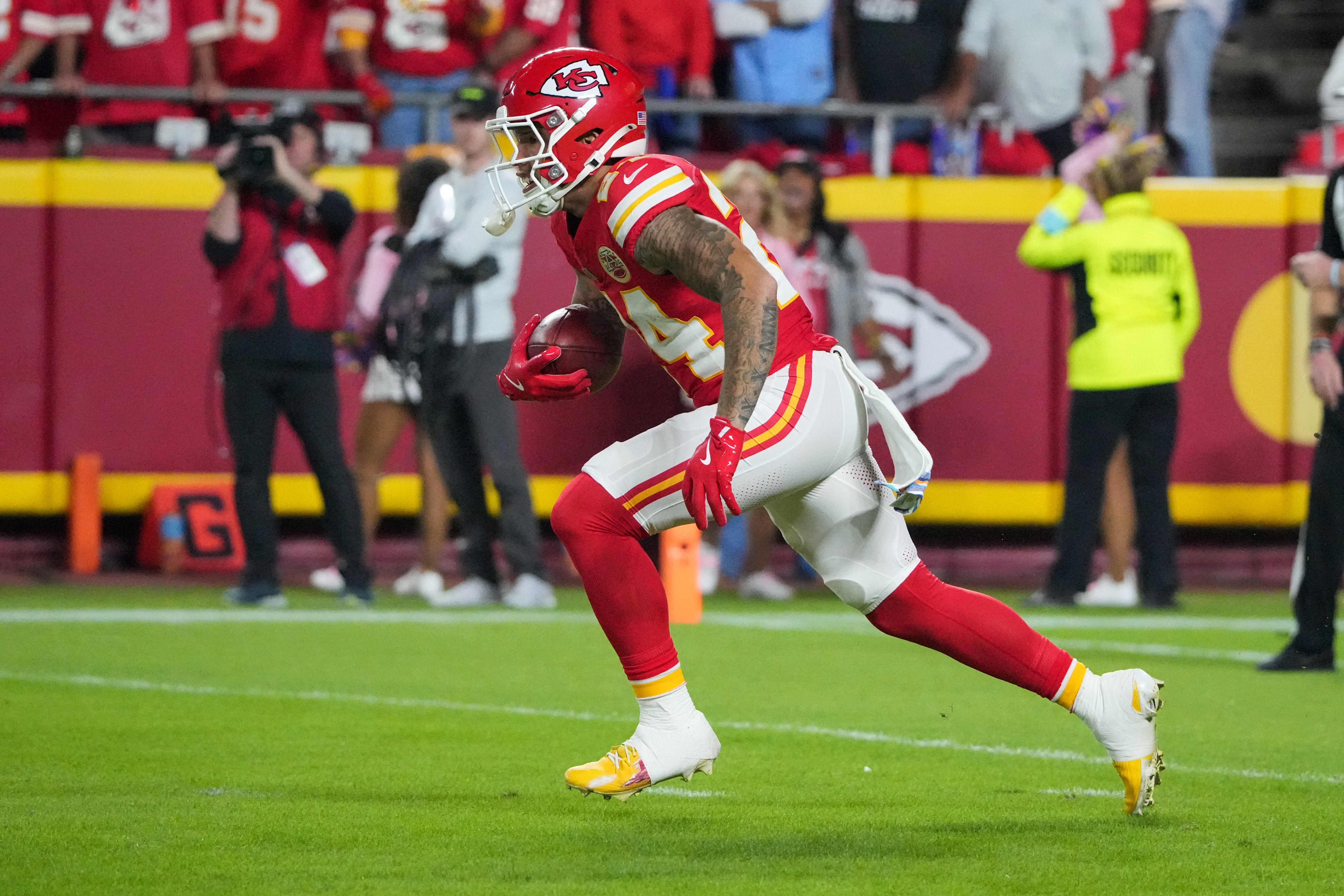 Oct 7, 2024; Kansas City, Missouri, USA; Kansas City Chiefs wide receiver Skyy Moore (24) returns a kick against the New Orleans Saints during the game at GEHA Field at Arrowhead Stadium.