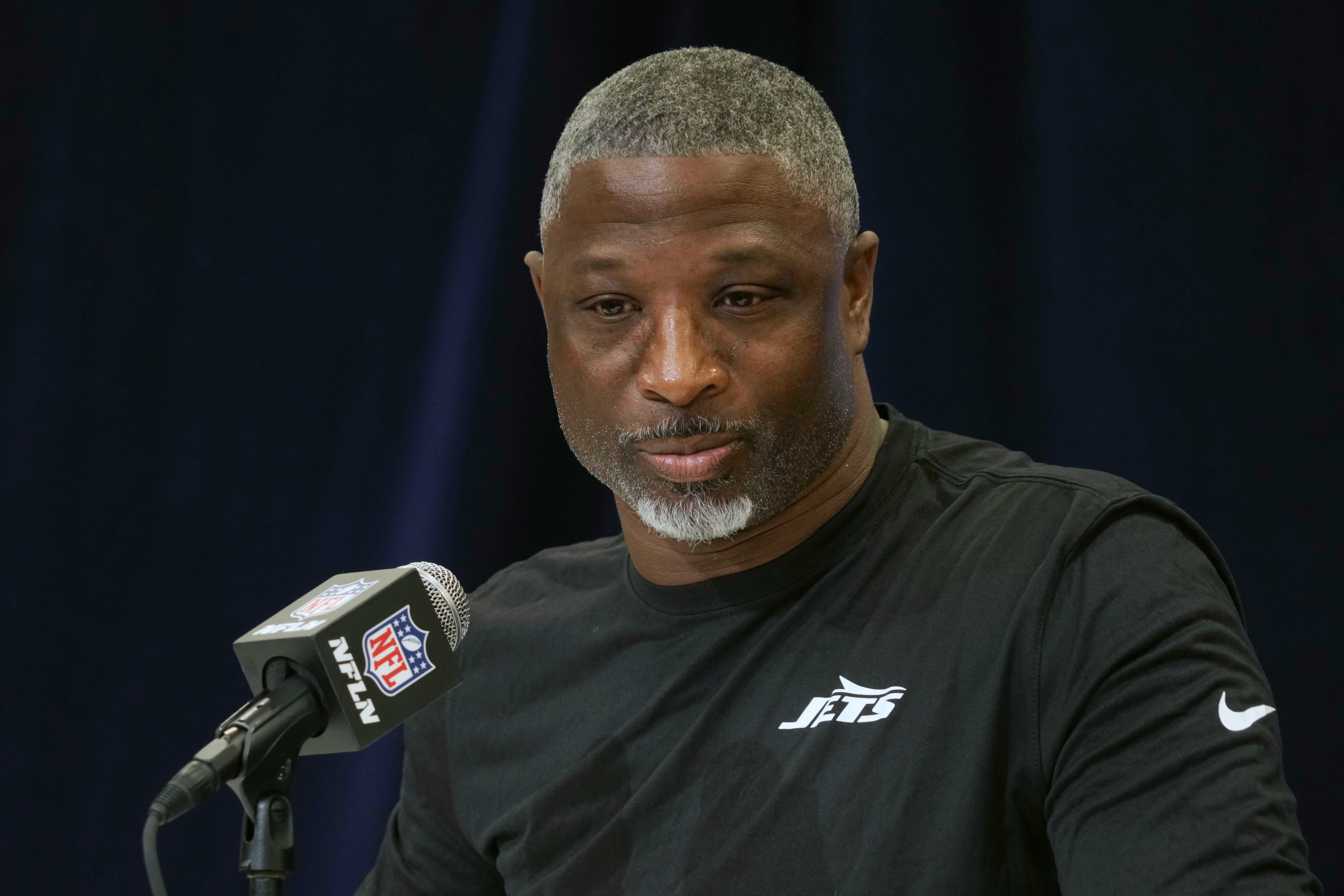 New York Jets coach Aaron Glenn speaks during the NFL Scouting Combine at the Indiana Convention Center.