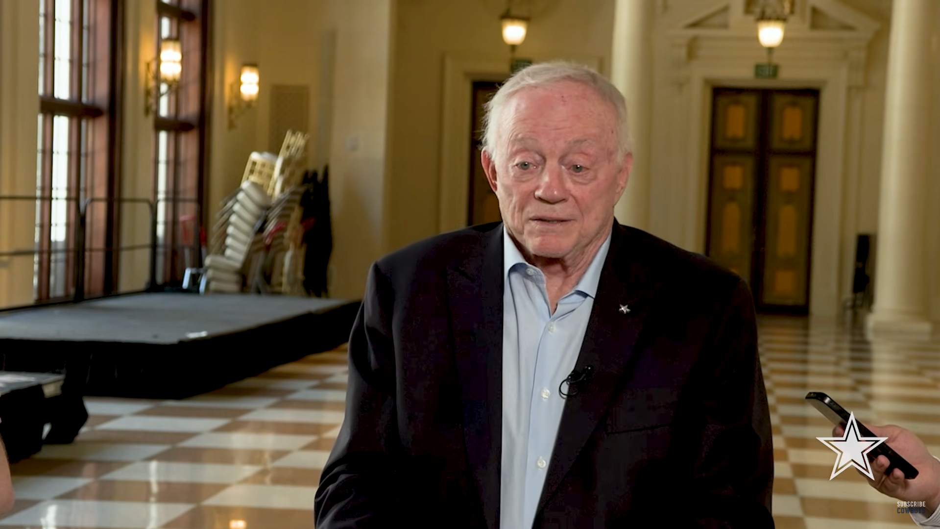 Dallas Cowboys owner Jerry Jones talks to reporters about DeMarcus Lawrence and the Ring of Honor.