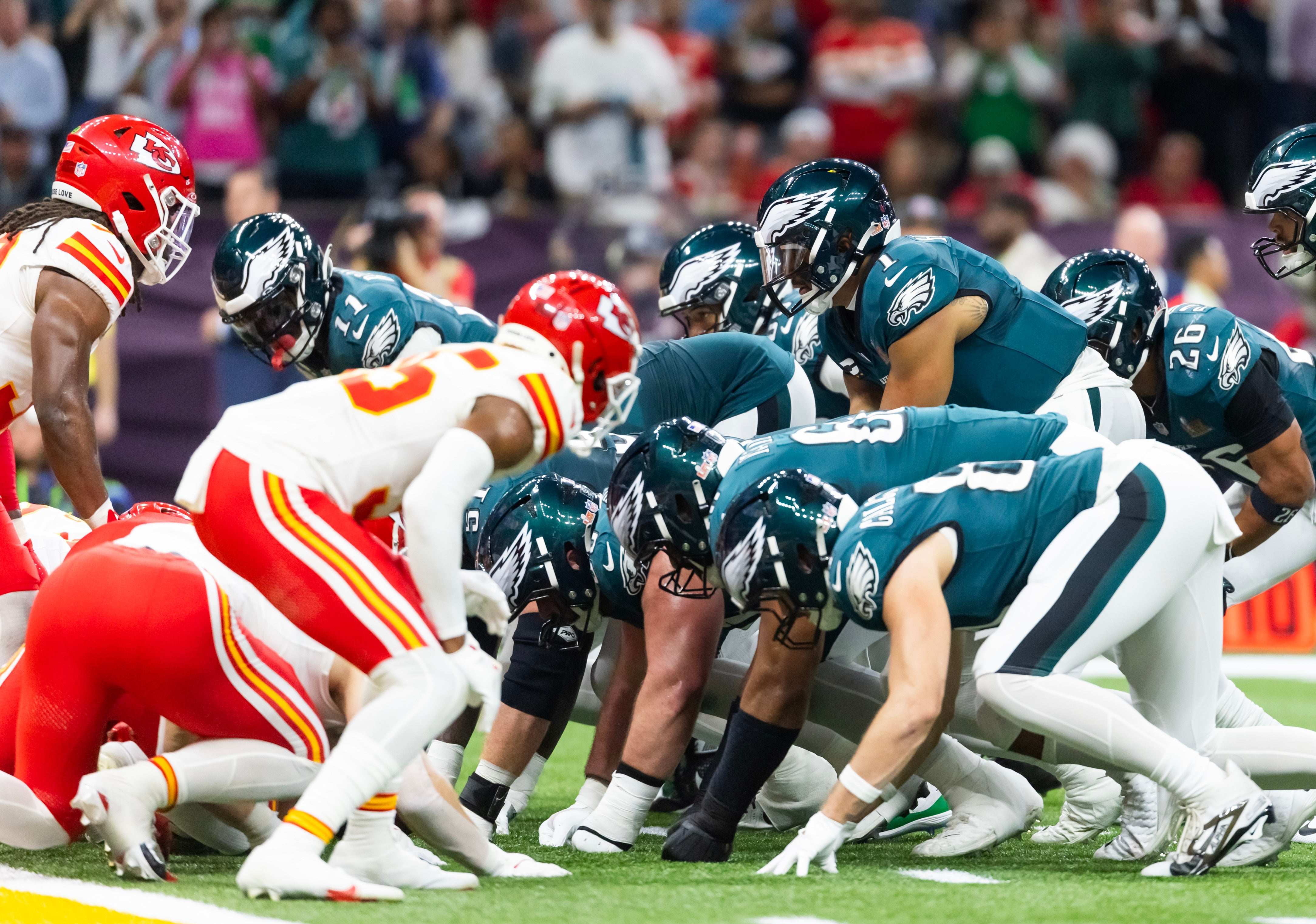 Philadelphia Eagles quarterback Jalen Hurts (1) lines up for the tush push play on the goal line against the Kansas City Chiefs during Super Bowl LIX at Ceasars Superdome.