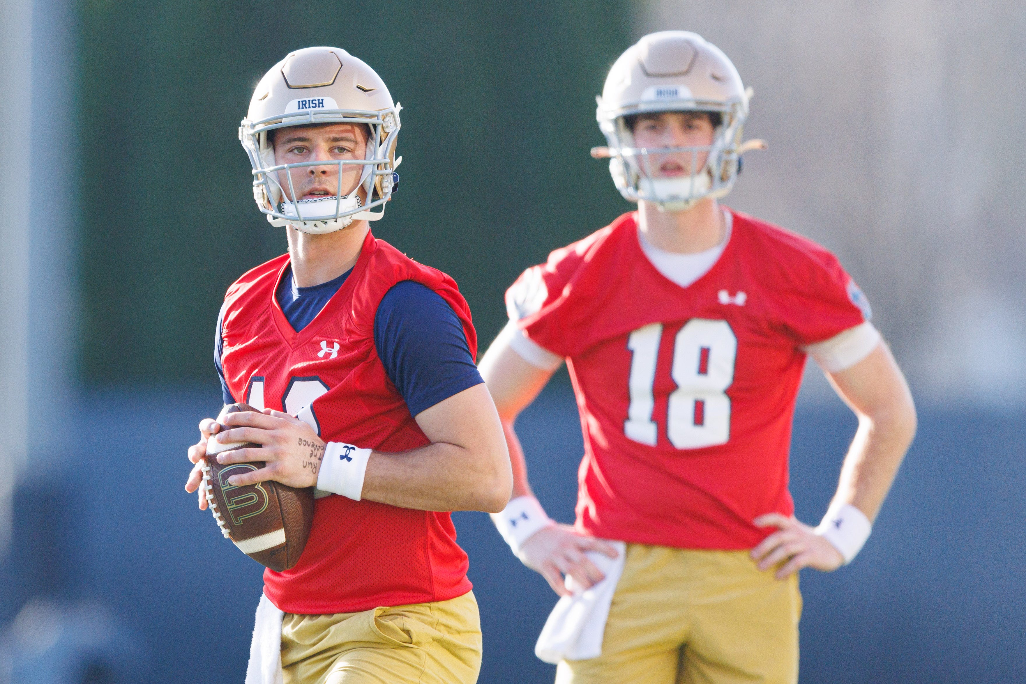 Notre Dame quarterback CJ Carr, left, during a Notre Dame football spring practice at Irish Athletic Center on Wednesday, March 19, 2025, in South Bend.