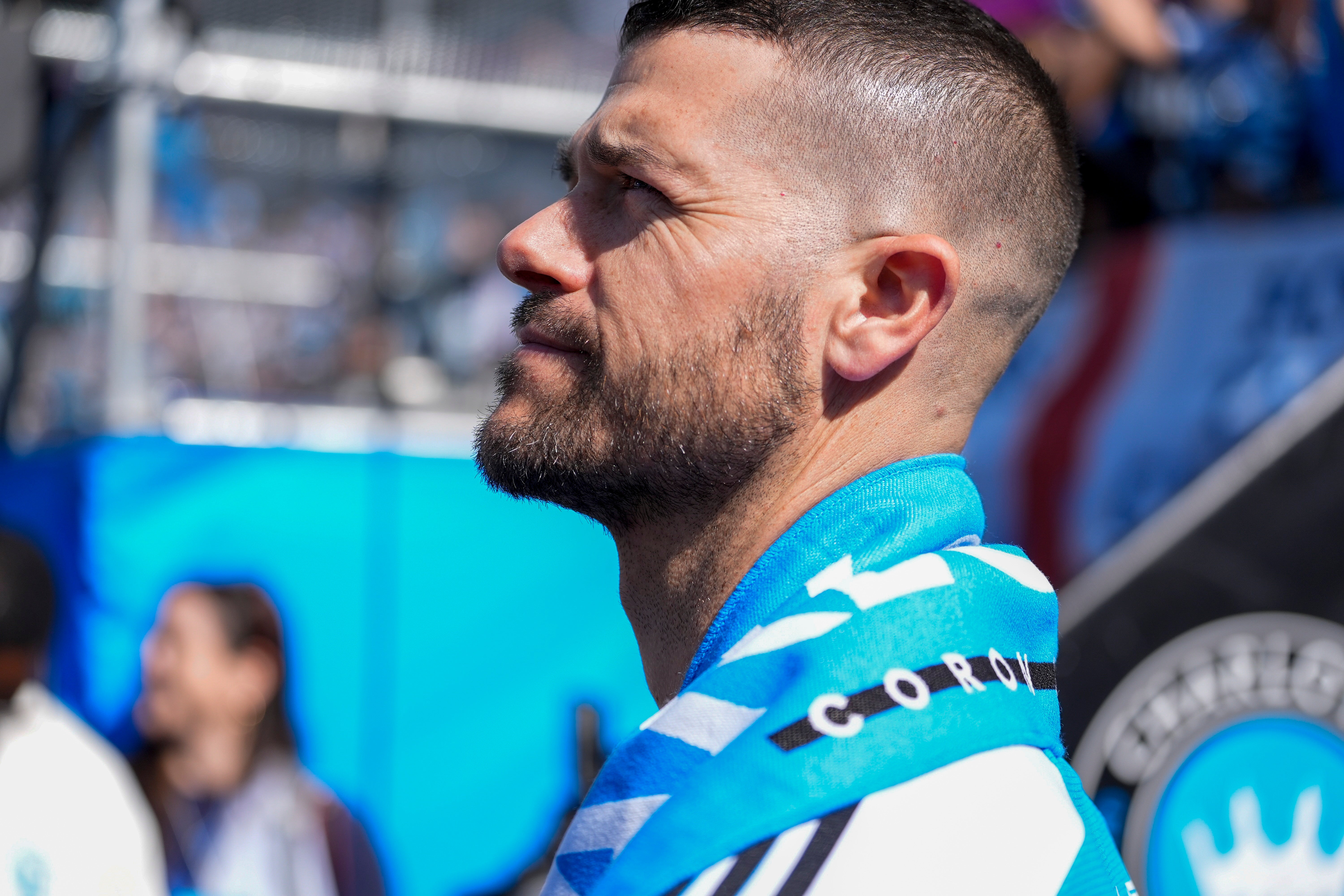 Mar 1, 2025; Charlotte, North Carolina, USA; Carolina Panthers coach Dave Canales was the first coronation honoree during the first half between Charlotte FC and Atlanta United at Bank of America Stadium. Mandatory Credit: Jim Dedmon-Imagn Images