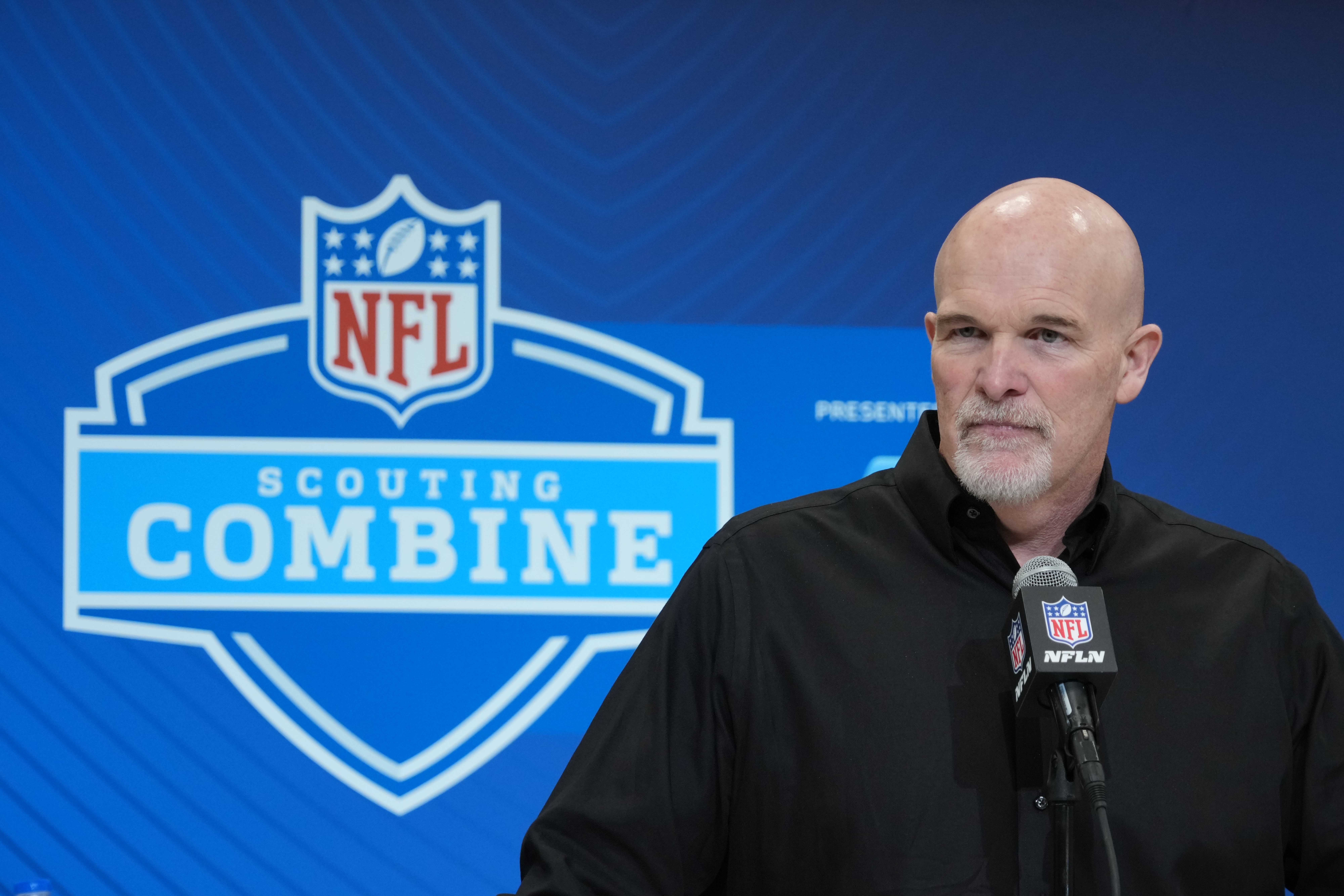 Feb 27, 2025; Indianapolis, IN, USA; Washington Commanders coach Dan Quinn speaks during the 2025 NFL Scouting Combine at the Indiana Convention Center.