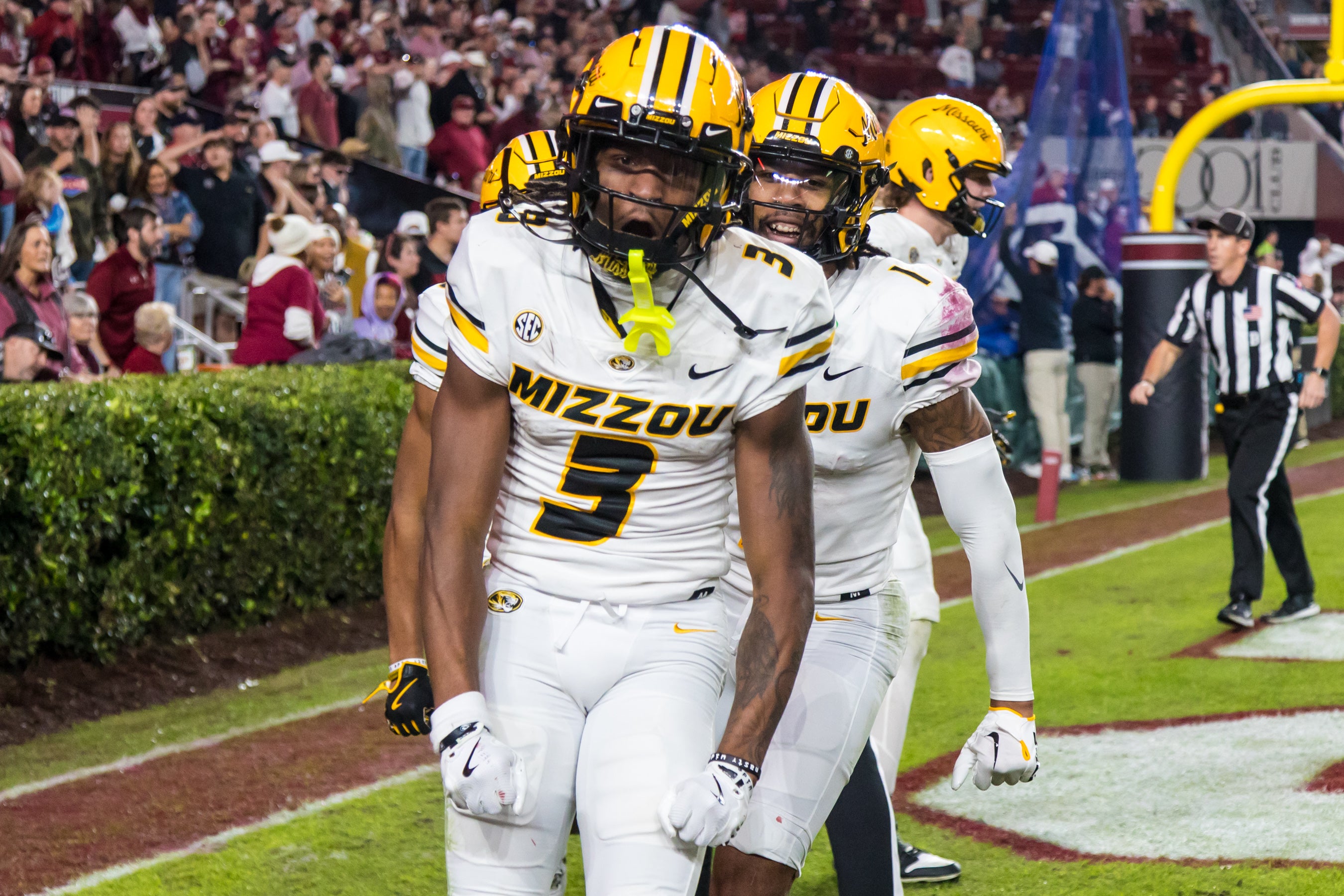 Nov 16, 2024; Columbia, South Carolina, USA; Missouri Tigers wide receiver Luther Burden III (3) celebrates a touchdowns in the fourth quarter against the South Carolina Gamecocks at Williams-Brice Stadium.