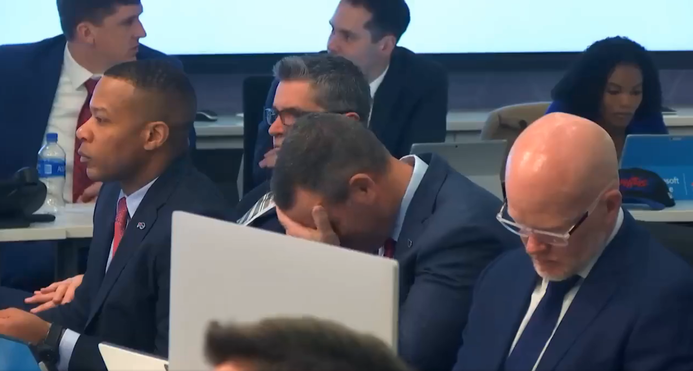 Bills GM Brandon Beane is visibly upset after the Chiefs trade up for CB Trent McDuffie in the 2022 NFL draft.