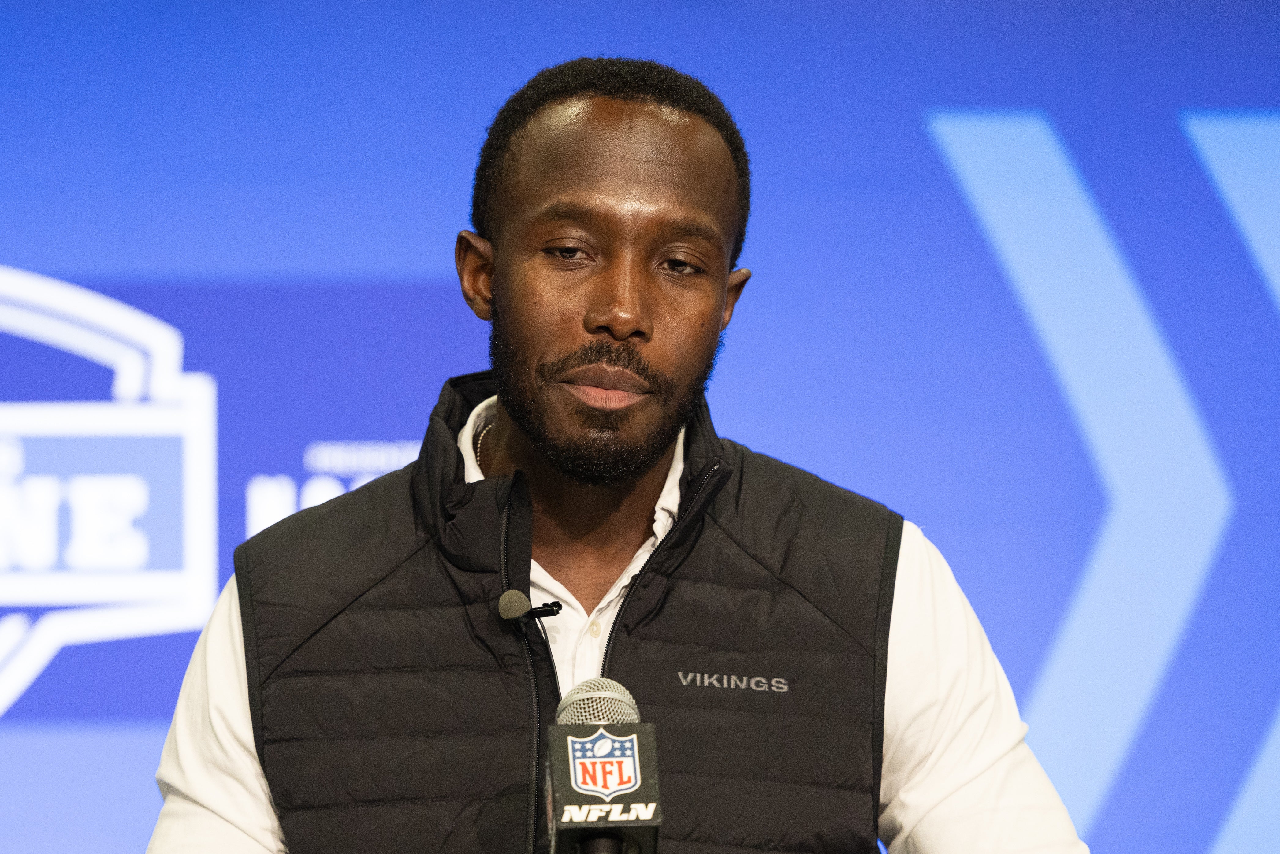 Feb 27, 2024; Indianapolis, IN, USA; Minnesota Vikings general manager Kwesi Adofo-Mensah talks to the media at the 2024 NFL Combine at Indiana Convention Center.