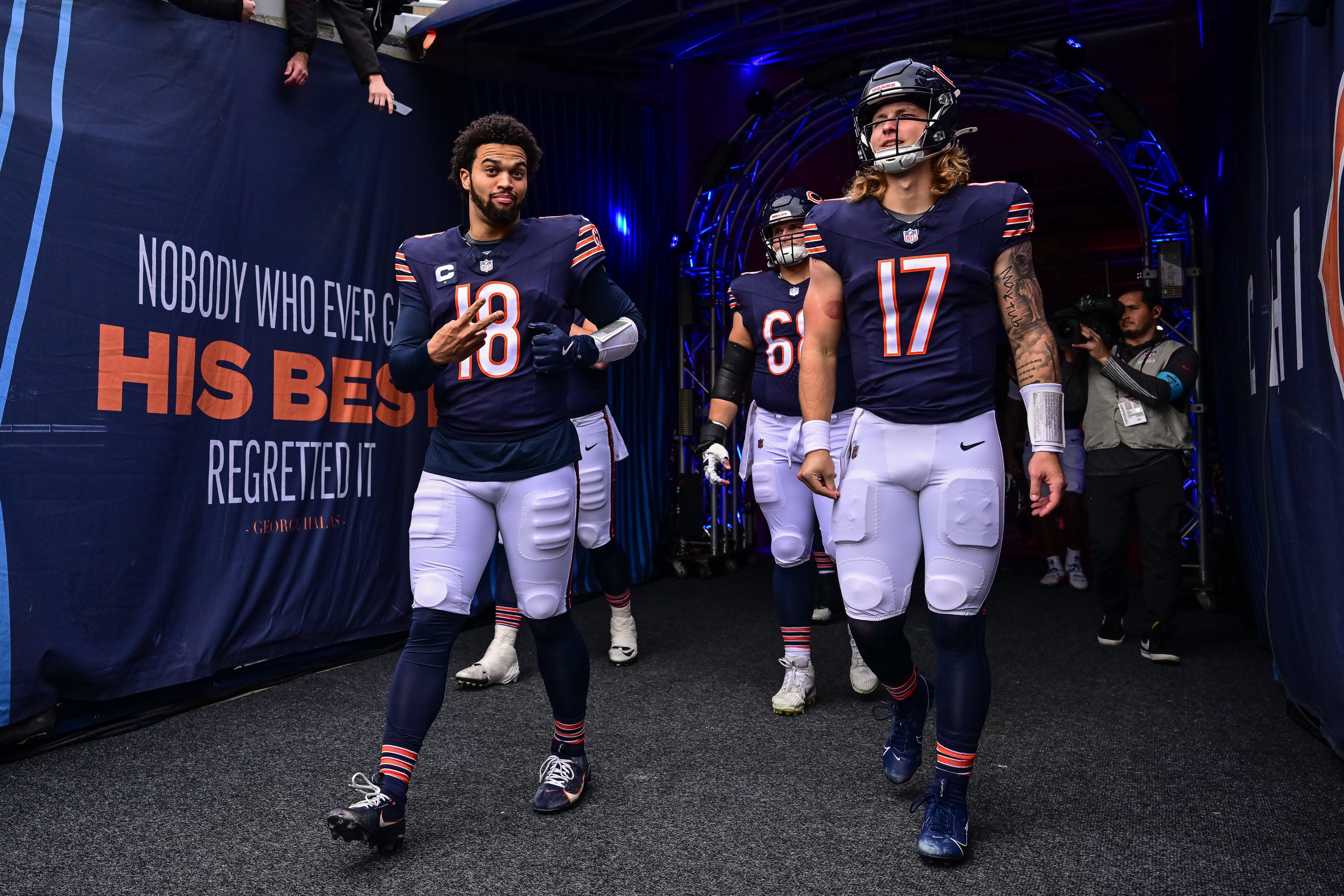 Nov 17, 2024; Chicago, Illinois, USA; Chicago Bears quarterback Caleb Williams (18) and quarterback Tyson Bagent (17) enter the field before the game against the Green Bay Packers at Soldier Field.