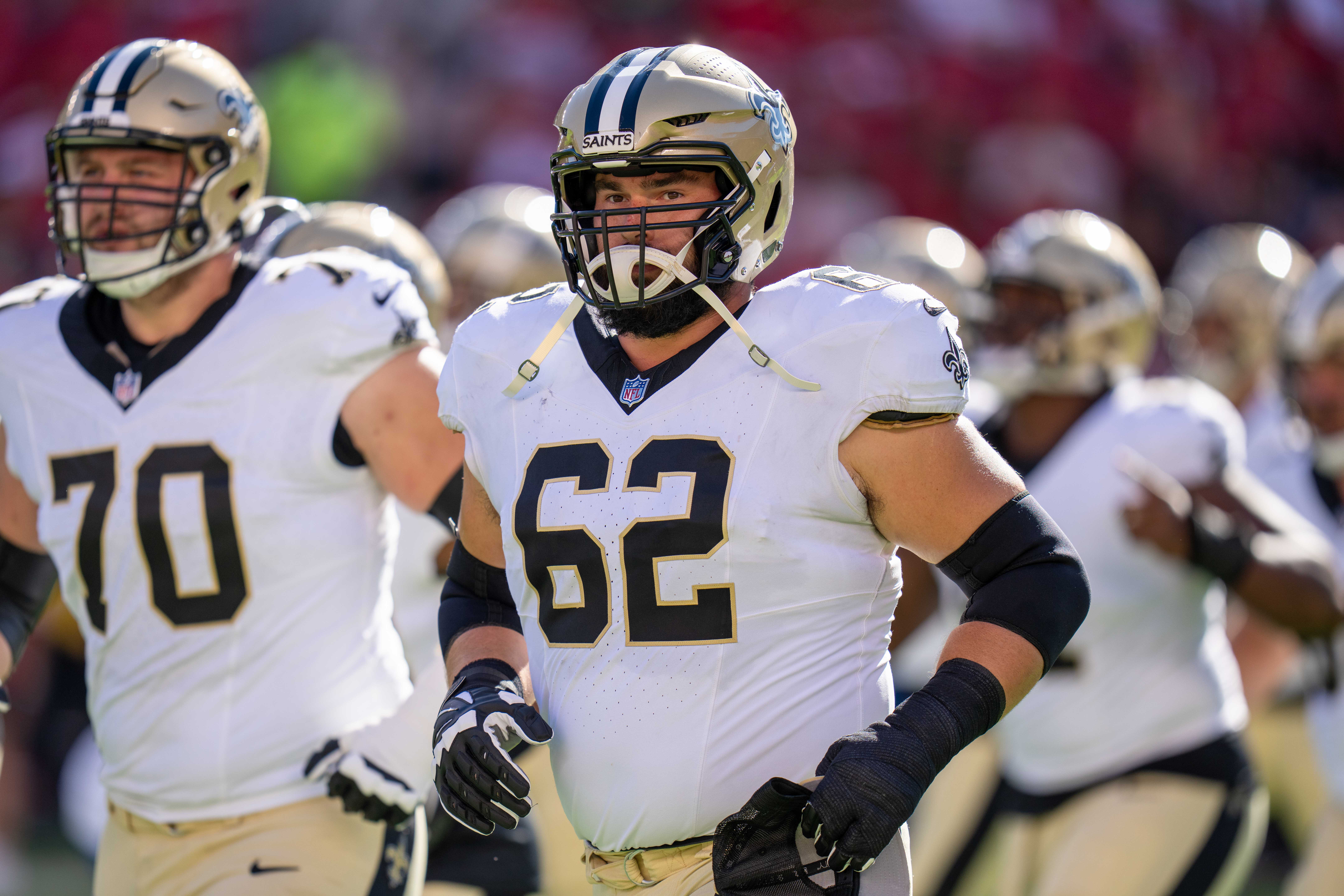 August 18, 2024; Santa Clara, California, USA; New Orleans Saints guard Lucas Patrick (62) before the game against the San Francisco 49ers at Levi's Stadium.