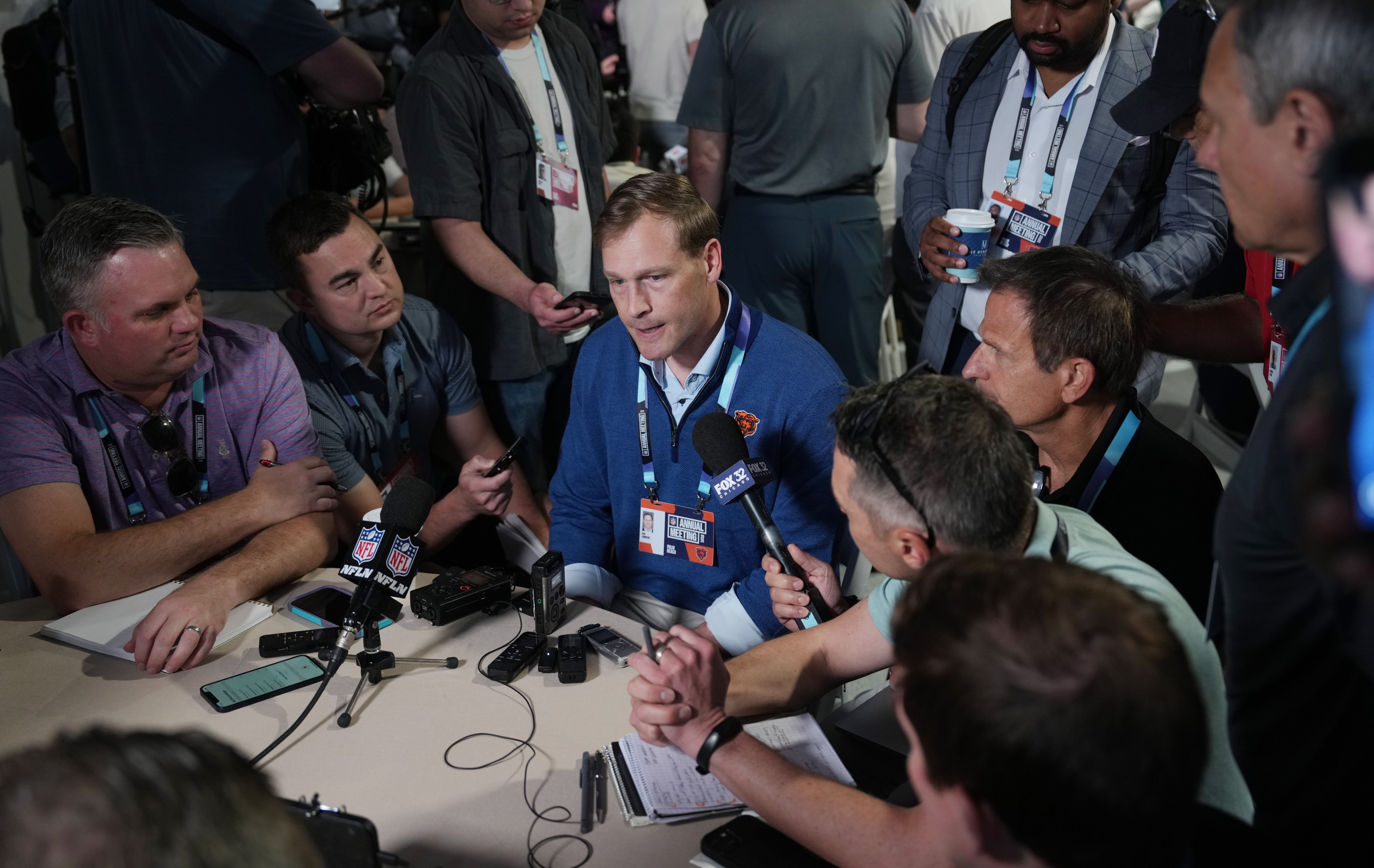 Apr 1, 2025; Palm Beach, FL, USA; Chicago Bears head coach Ben Johnson answers questions from the media during the NFL Annual League Meeting at The Breakers.