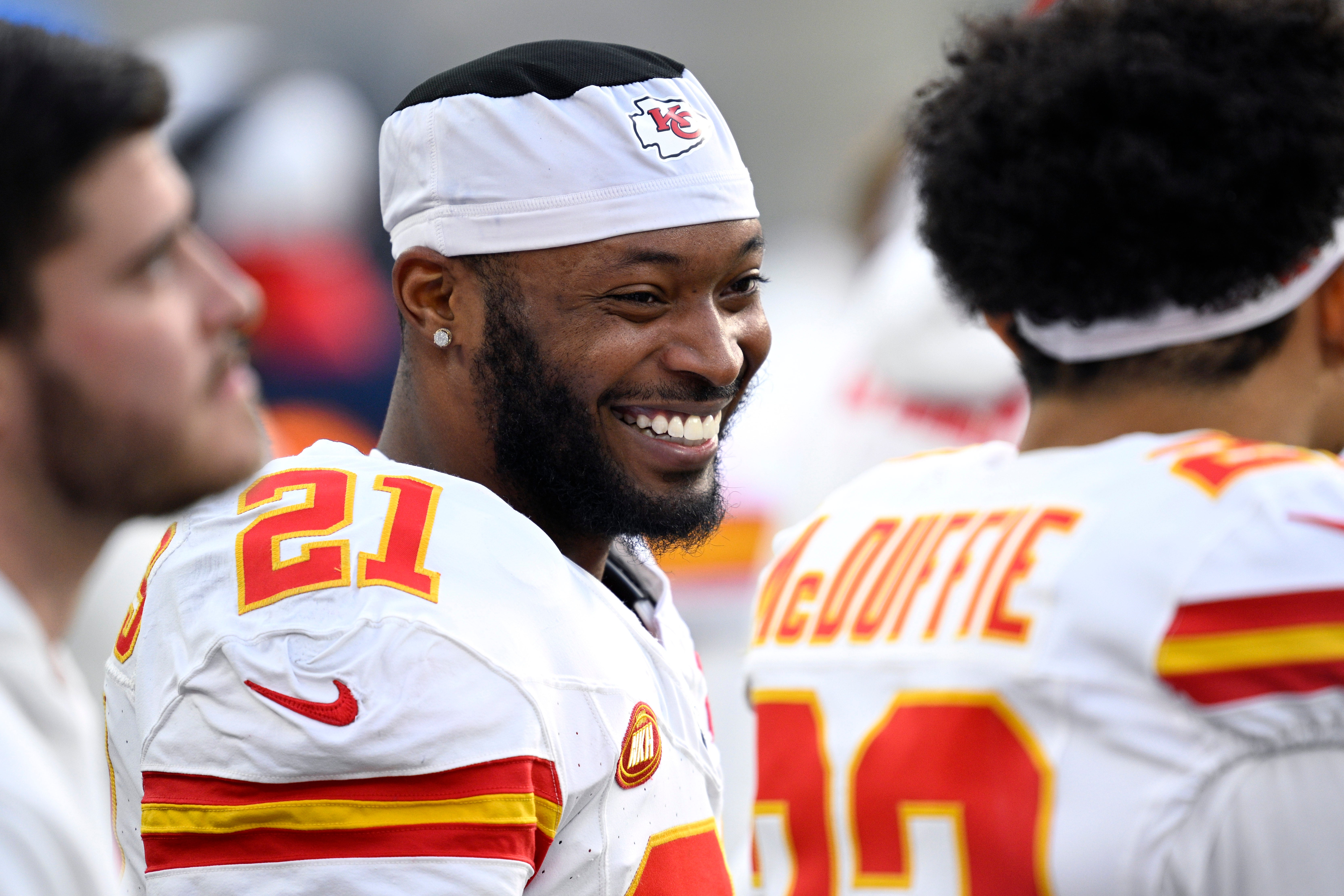 Jan 7, 2024; Inglewood, California, USA; Kansas City Chiefs safety Mike Edwards (21) looks on during the first half against the Los Angeles Chargers at SoFi Stadium.