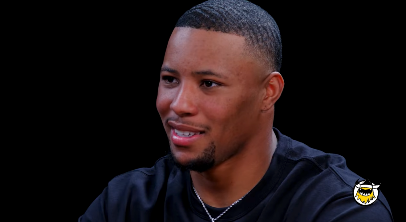Philadelphia Eagles running back Saquon Barkley appears on Hot Ones on the YouTube channel First We Feast.