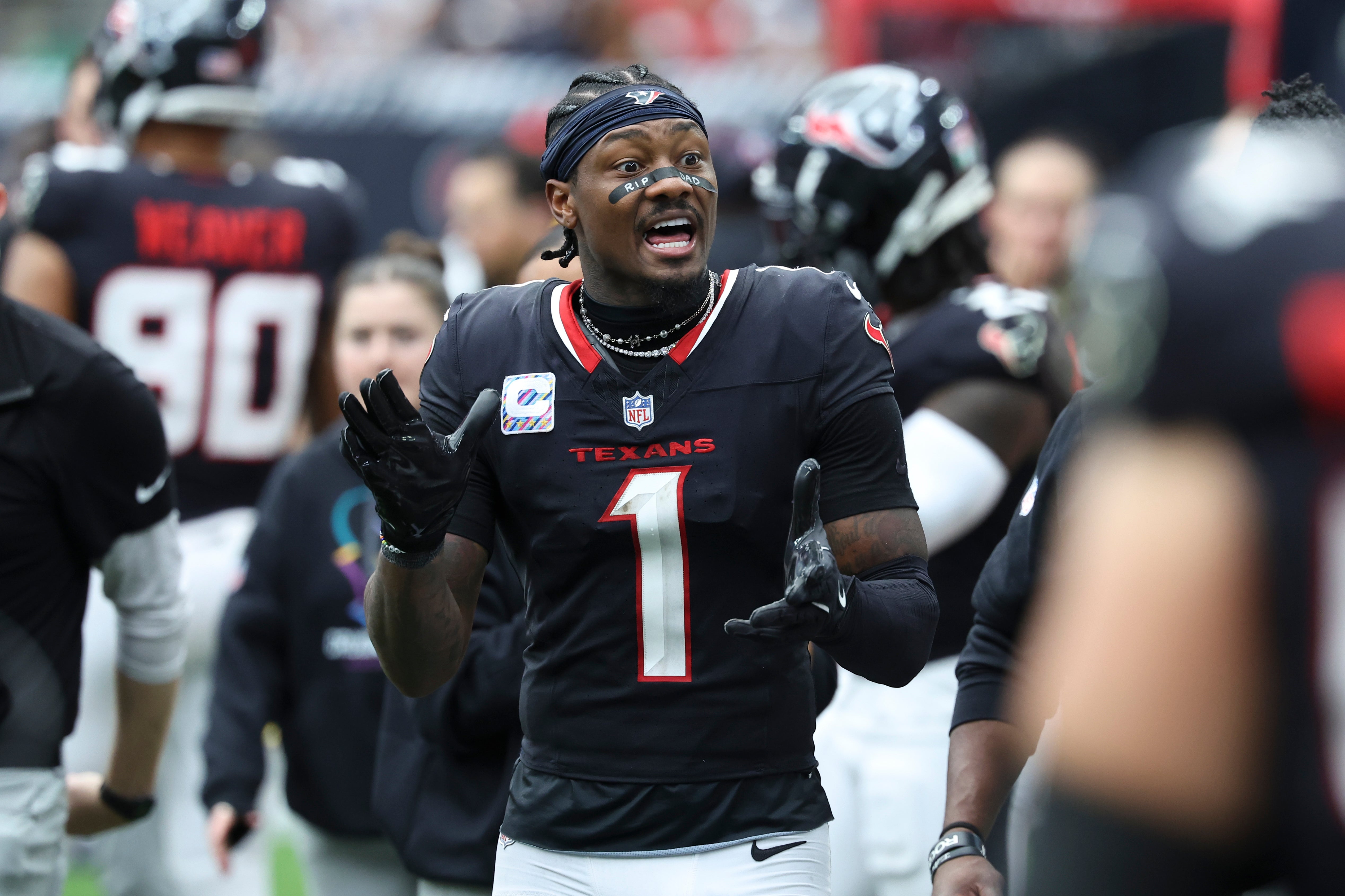 Sep 29, 2024; Houston, Texas, USA; Houston Texans wide receiver Stefon Diggs (1) during the game against the Jacksonville Jaguars at NRG Stadium.