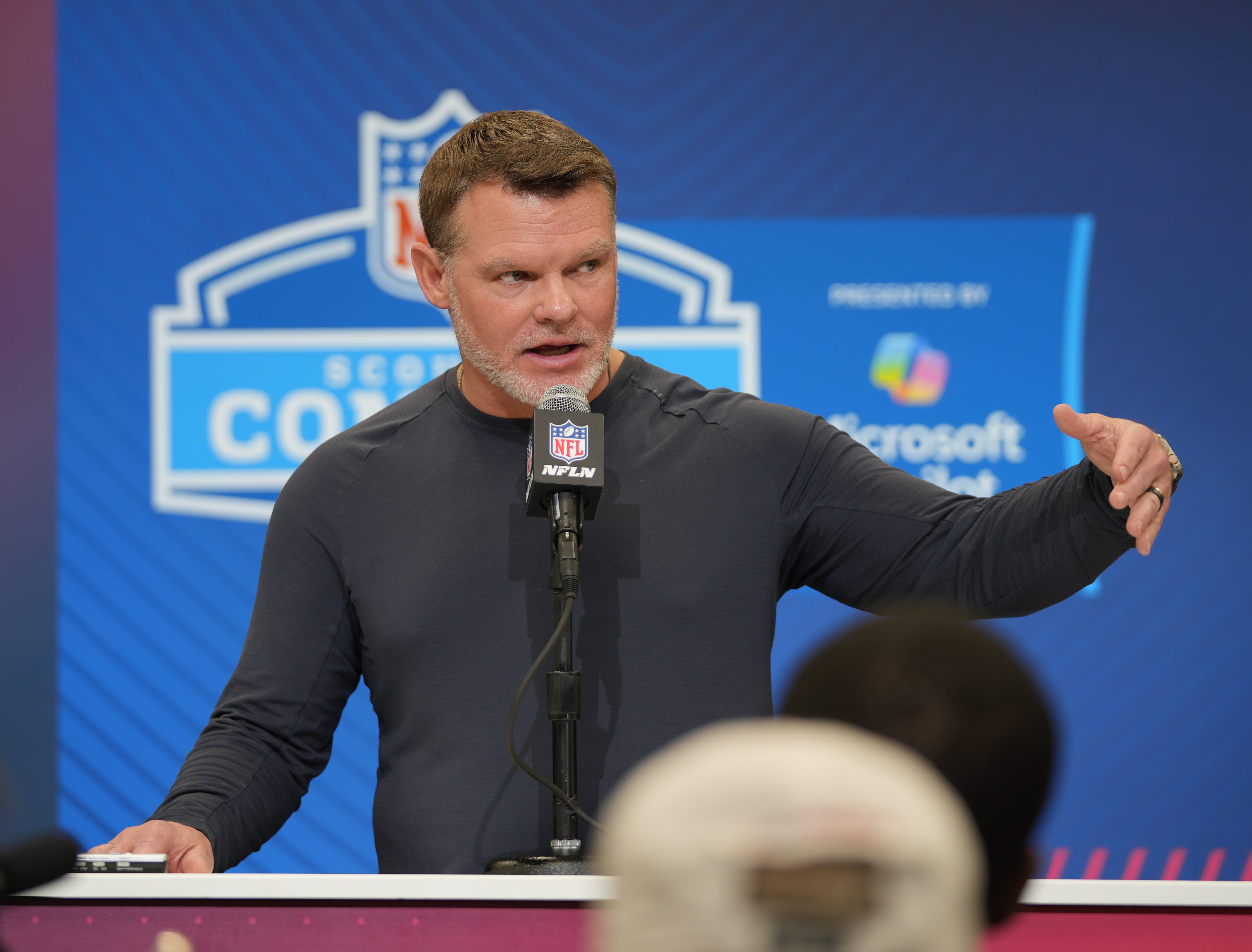 Indianapolis Colts general manager Chris Ballard speaks to the media during the 2025 NFL draft.