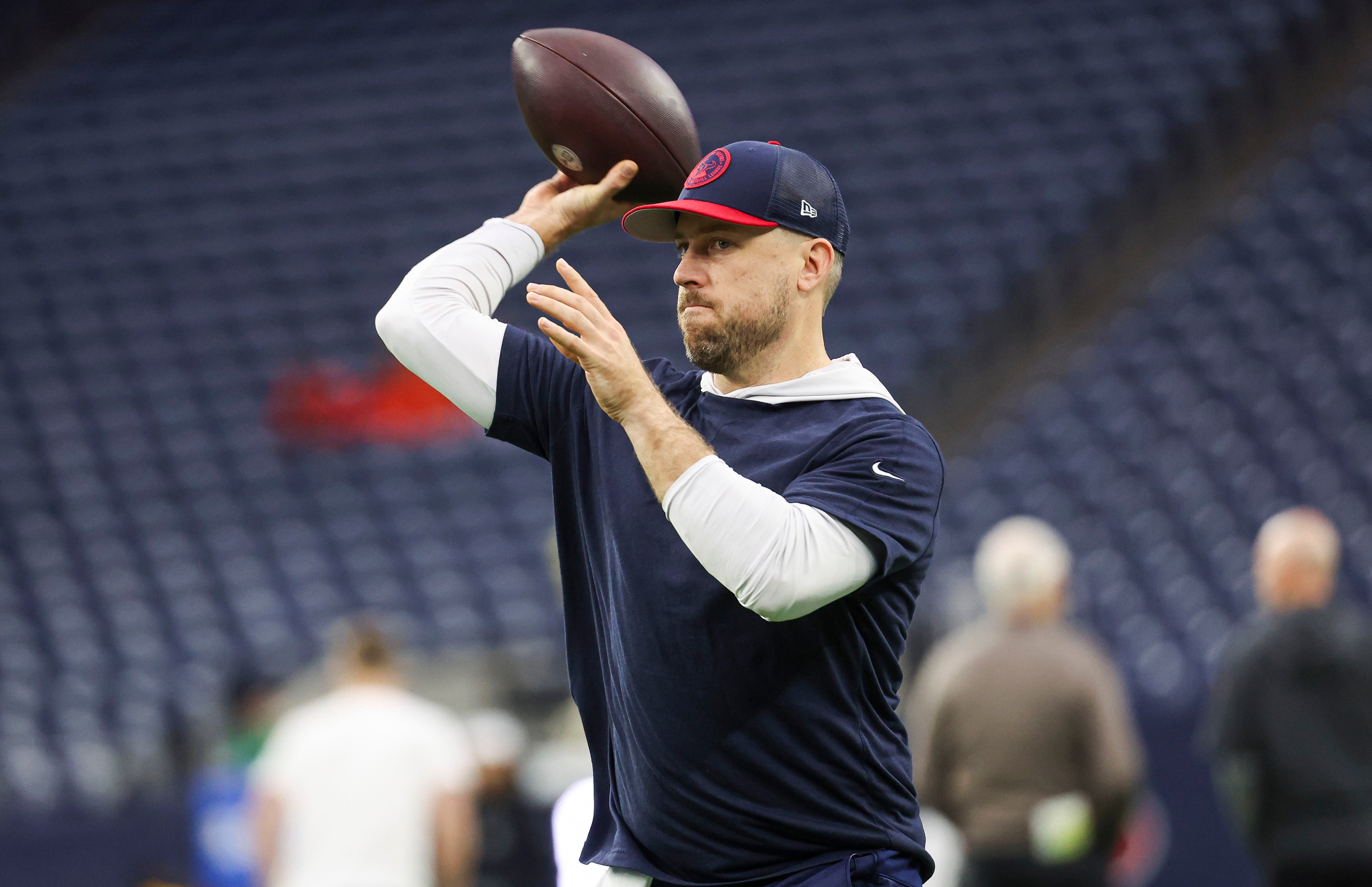Dec 24, 2023; Houston, Texas, USA; Houston Texans quarterback Case Keenum (18) warms up before the game against the Cleveland Browns at NRG Stadium.
