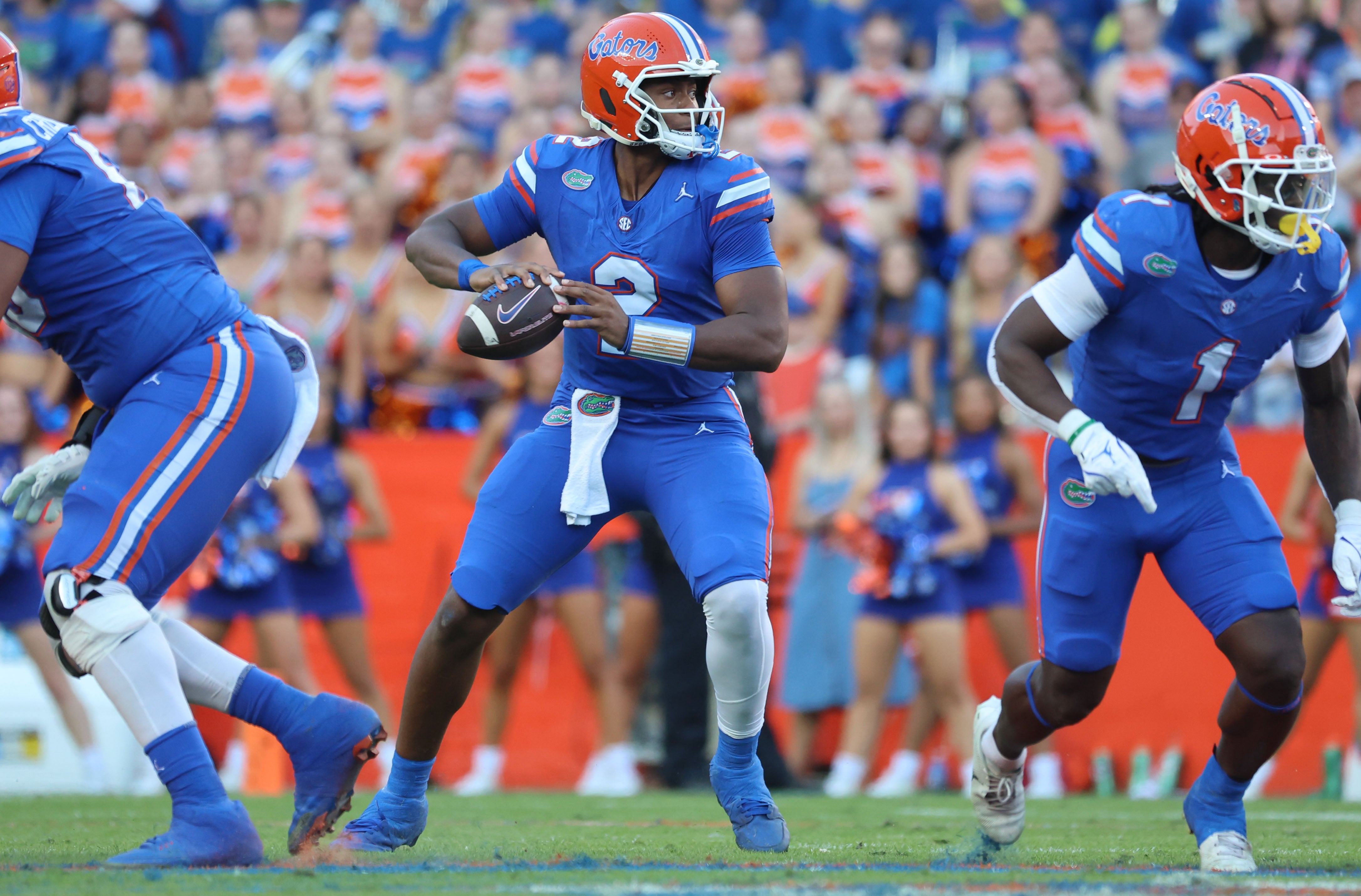 Nov 16, 2024; Gainesville, Florida, USA; Florida Gators quarterback DJ Lagway (2) drops back against the LSU Tigers during the first half at Ben Hill Griffin Stadium.