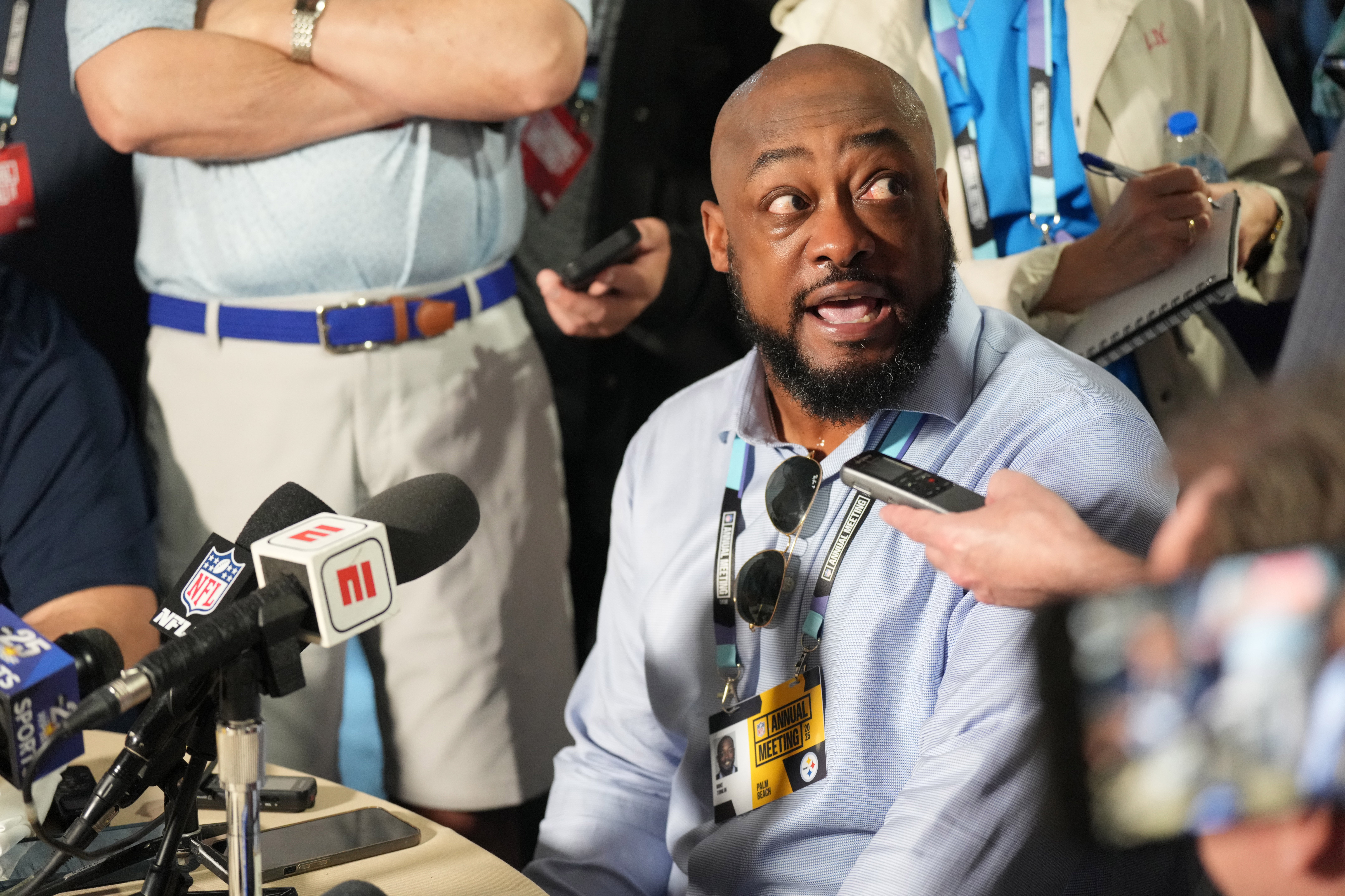 Mar 31, 2025; Palm Beach, FL, USA; Pittsburgh Steelers head coach Mike Tomlin answers questions from the medianduring the NFL Annual League Meeting at The Breakers.