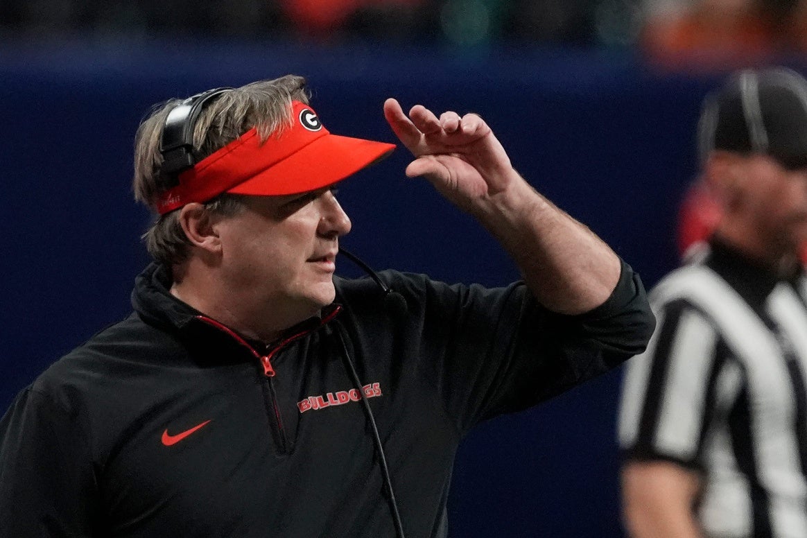 Georgia coach Kirby Smart looks on during the first half of the SEC championship game against Texas in Atlanta, on Saturday, Dec. 7, 2024.