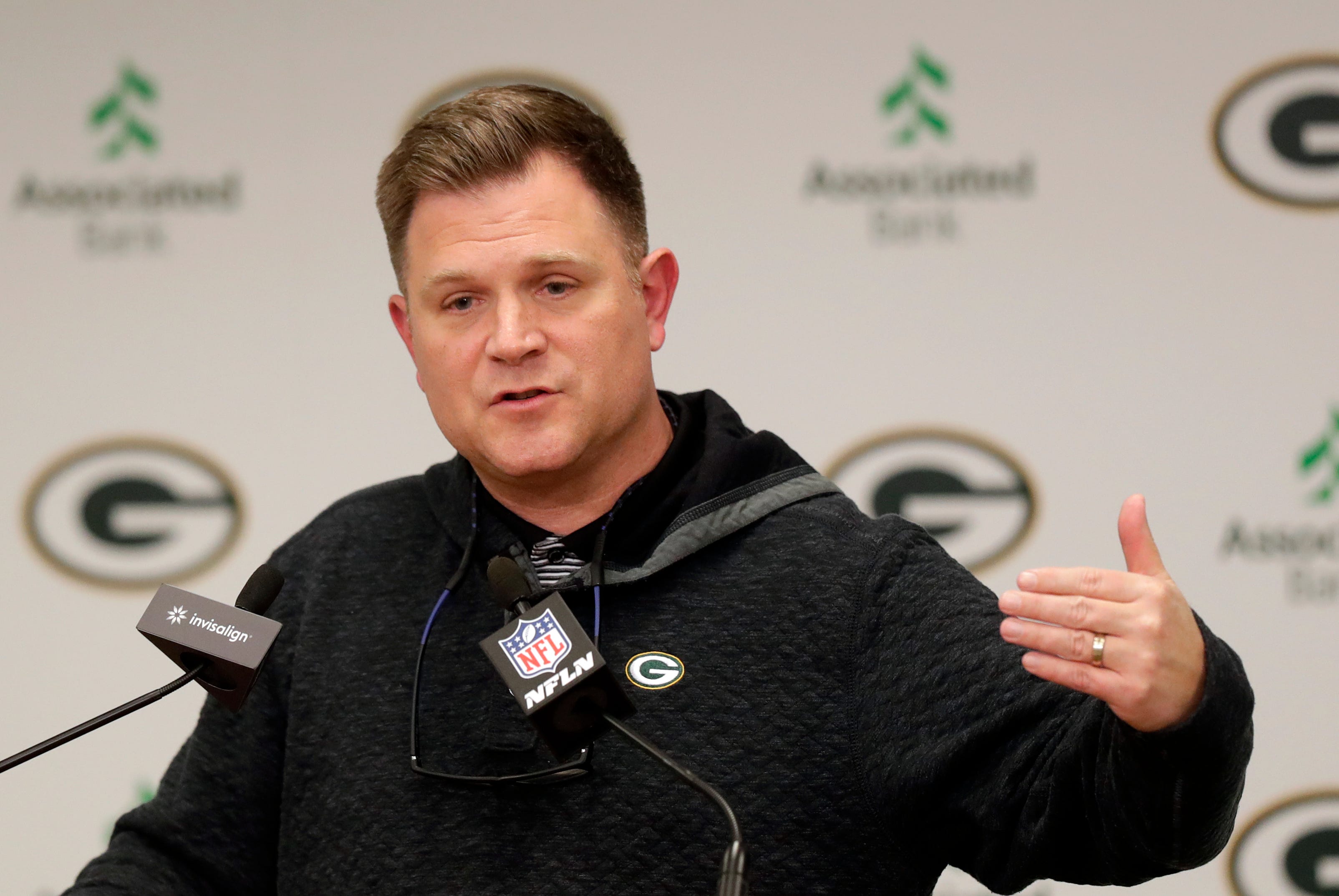Green Bay Packers general manager Brian Gutekunst speaks to media during a pre-draft press conference on April 24, 2023, at Lambeau Field in Green Bay, Wis.