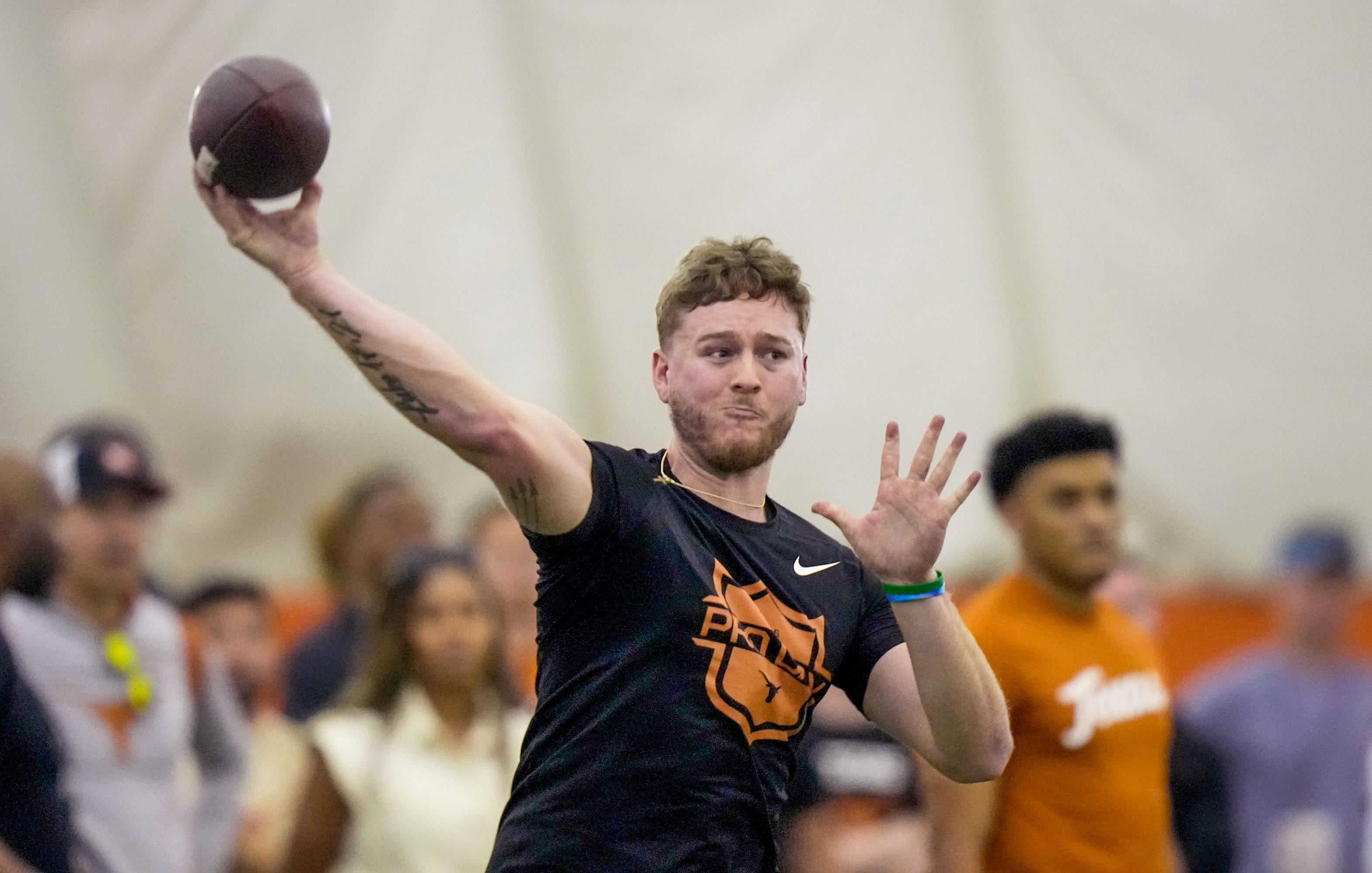 Former Longhorns Quinn Ewers passes during the Texas' Pro Day at the Texas Football Training Facility on Tuesday, March 25, 2025.