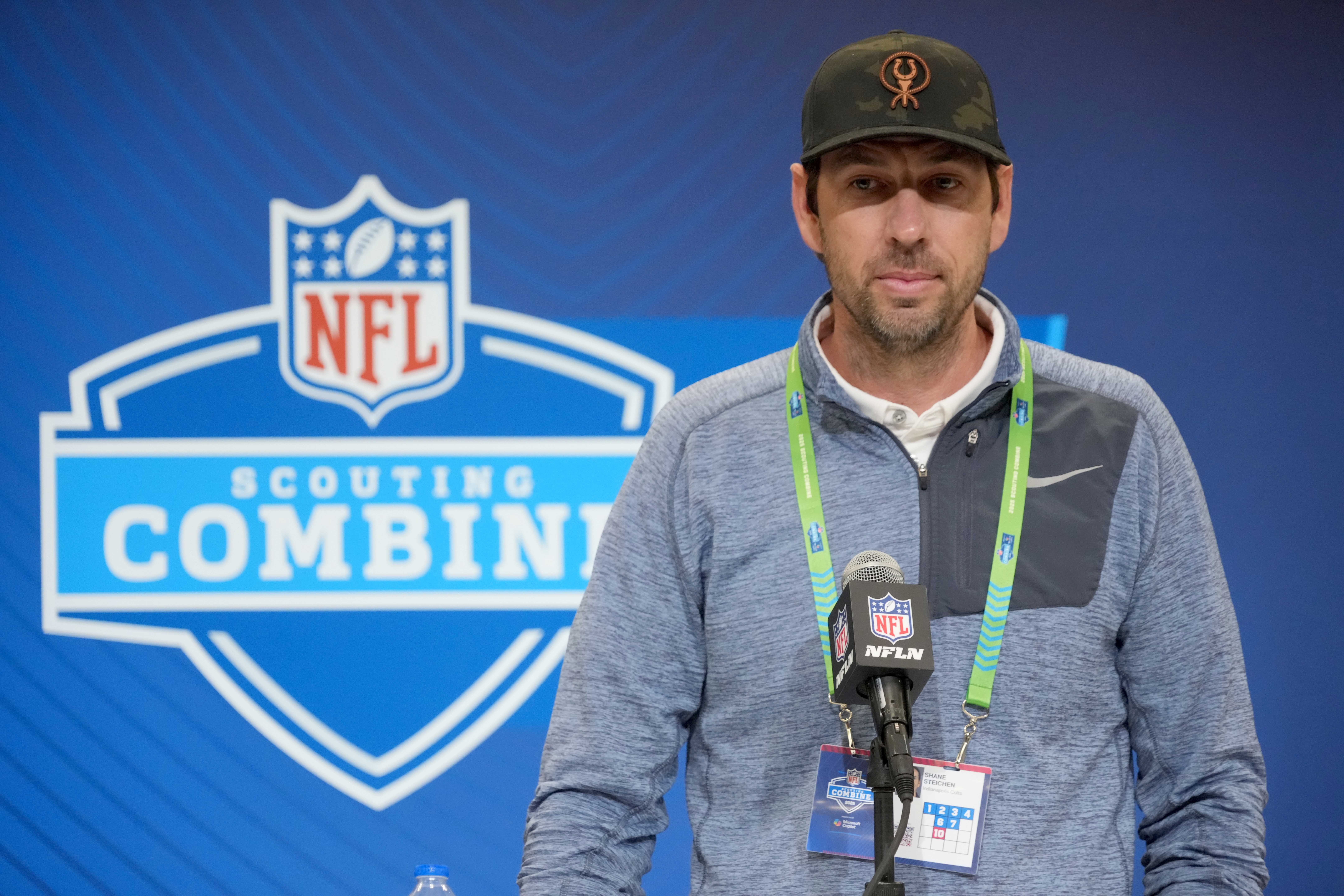 Feb 25, 2025; Indianapolis, IN, USA; Indianapolis Colts coach Shane Steichen speaks during the NFL Scouting Combine at the Indiana Convention Center.