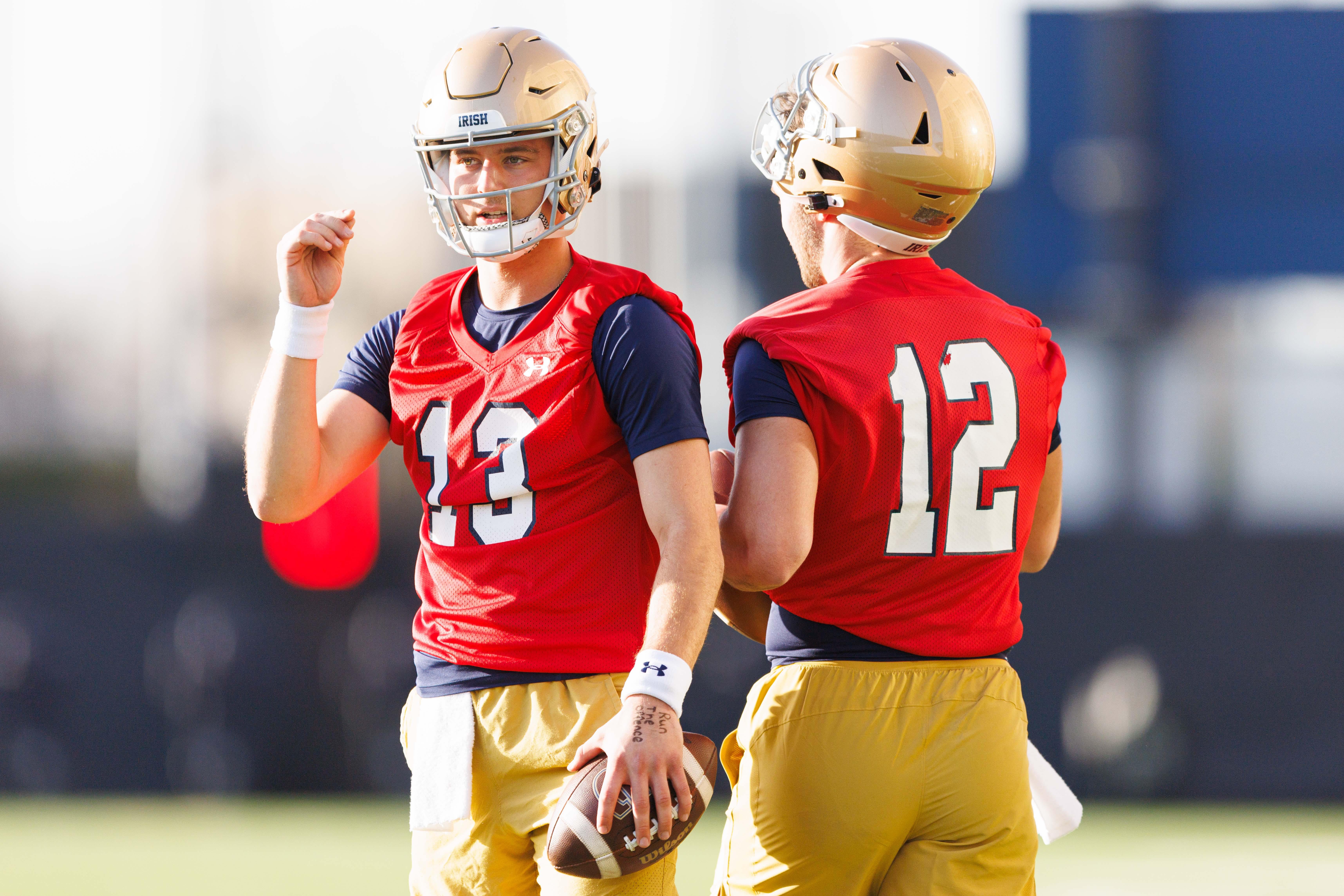 Notre Dame quarterbacks CJ Carr (13) and Blake Hebert (12) during a Notre Dame football spring practice at Irish Athletic Center on Wednesday, March 19, 2025, in South Bend.