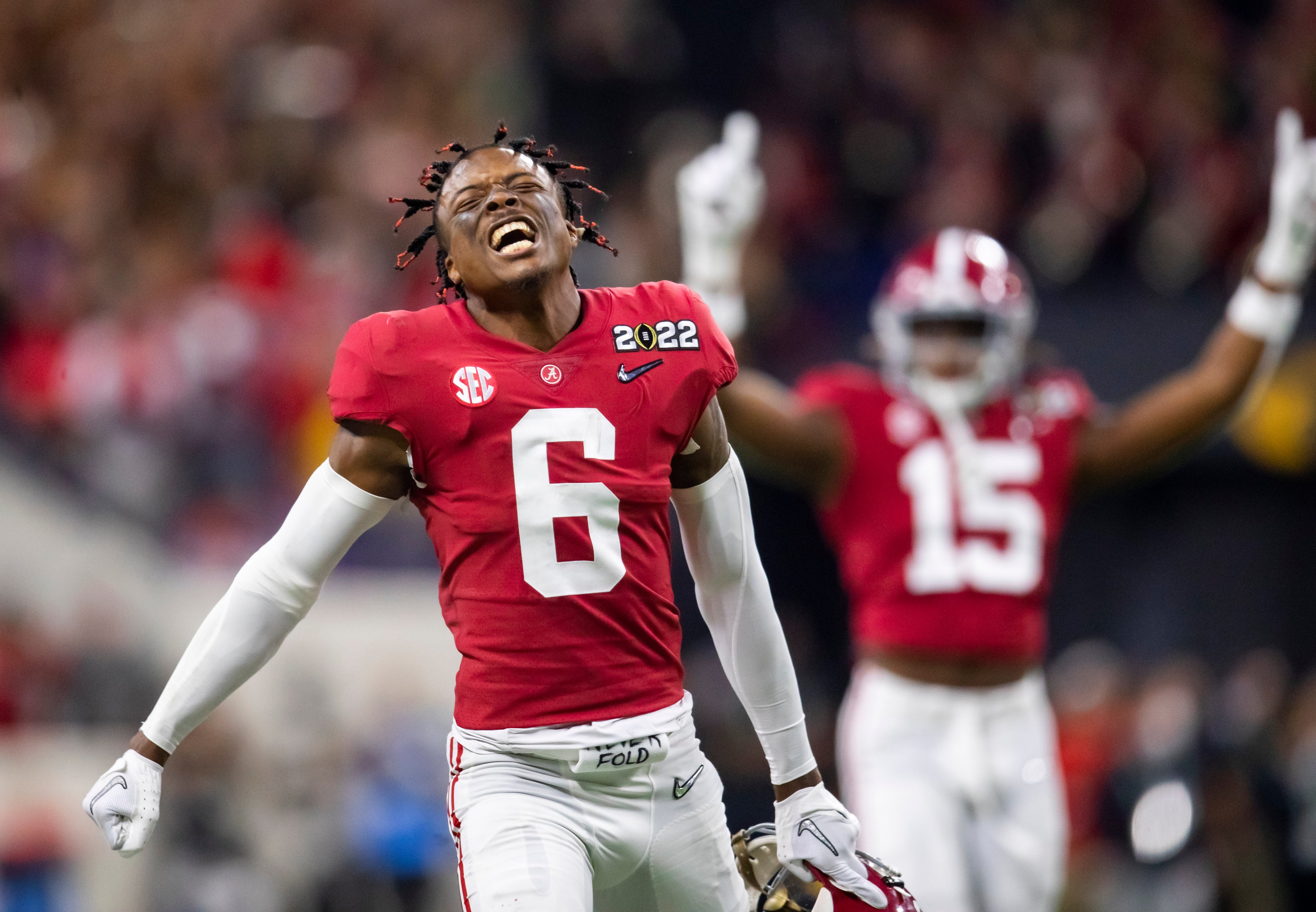 Jan 10, 2022; Indianapolis, IN, USA; Alabama Crimson Tide defensive back Khyree Jackson (6) celebrates against the Georgia Bulldogs in the 2022 CFP college football national championship game at Lucas Oil Stadium.