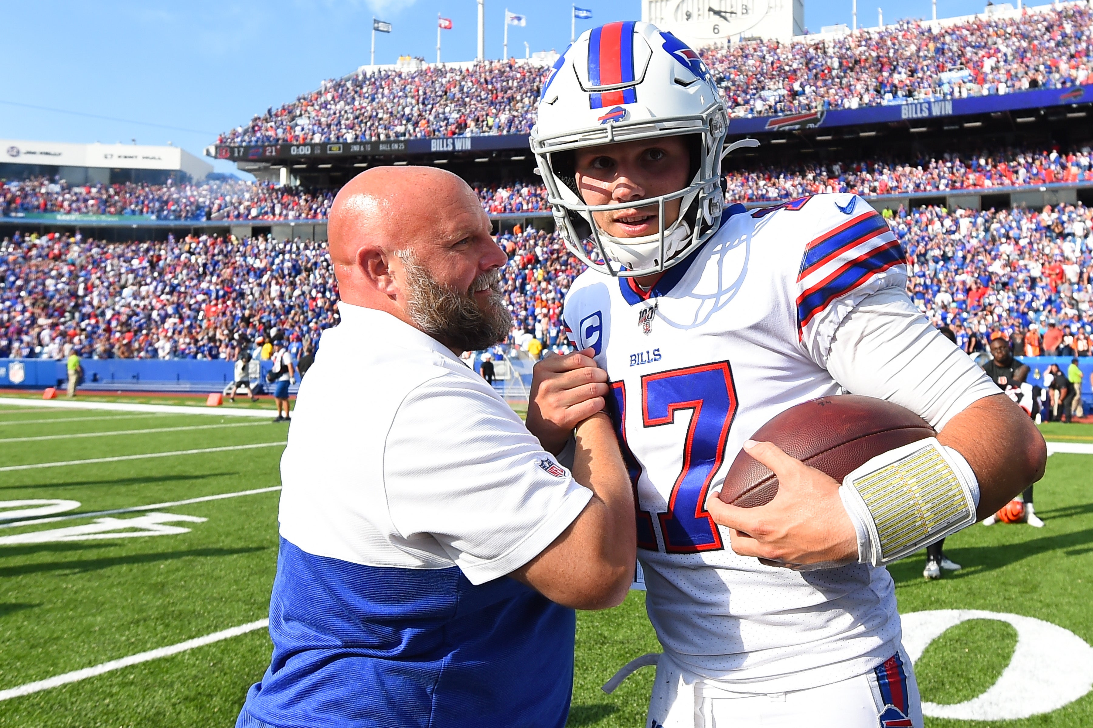 Sep 22, 2019; Orchard Park, NY, USA; Buffalo Bills quarterback Josh Allen (17) greets offensive coordinator Brian Daboll following the game against the Cincinnati Bengals at New Era Field.