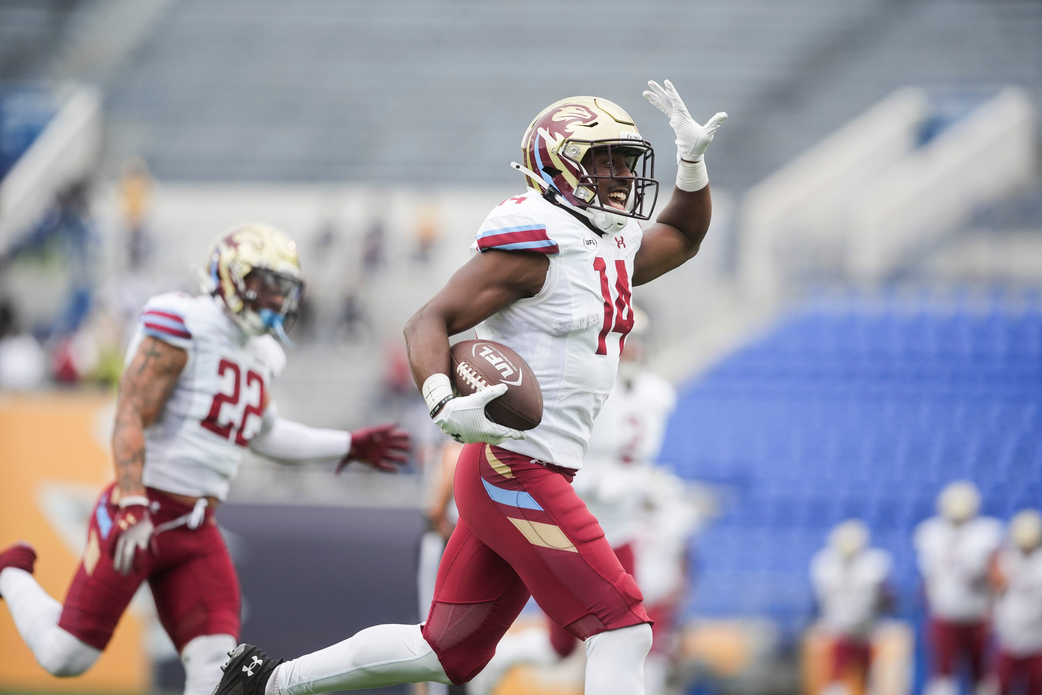 Panthers’ D.J. Miller (14) celebrates after intercepting a pass during the UFL game between the Memphis Showboats and Michigan Panthers at Simmons Bank Liberty Stadium in Memphis, Tenn., on Sunday, March 30, 2025.