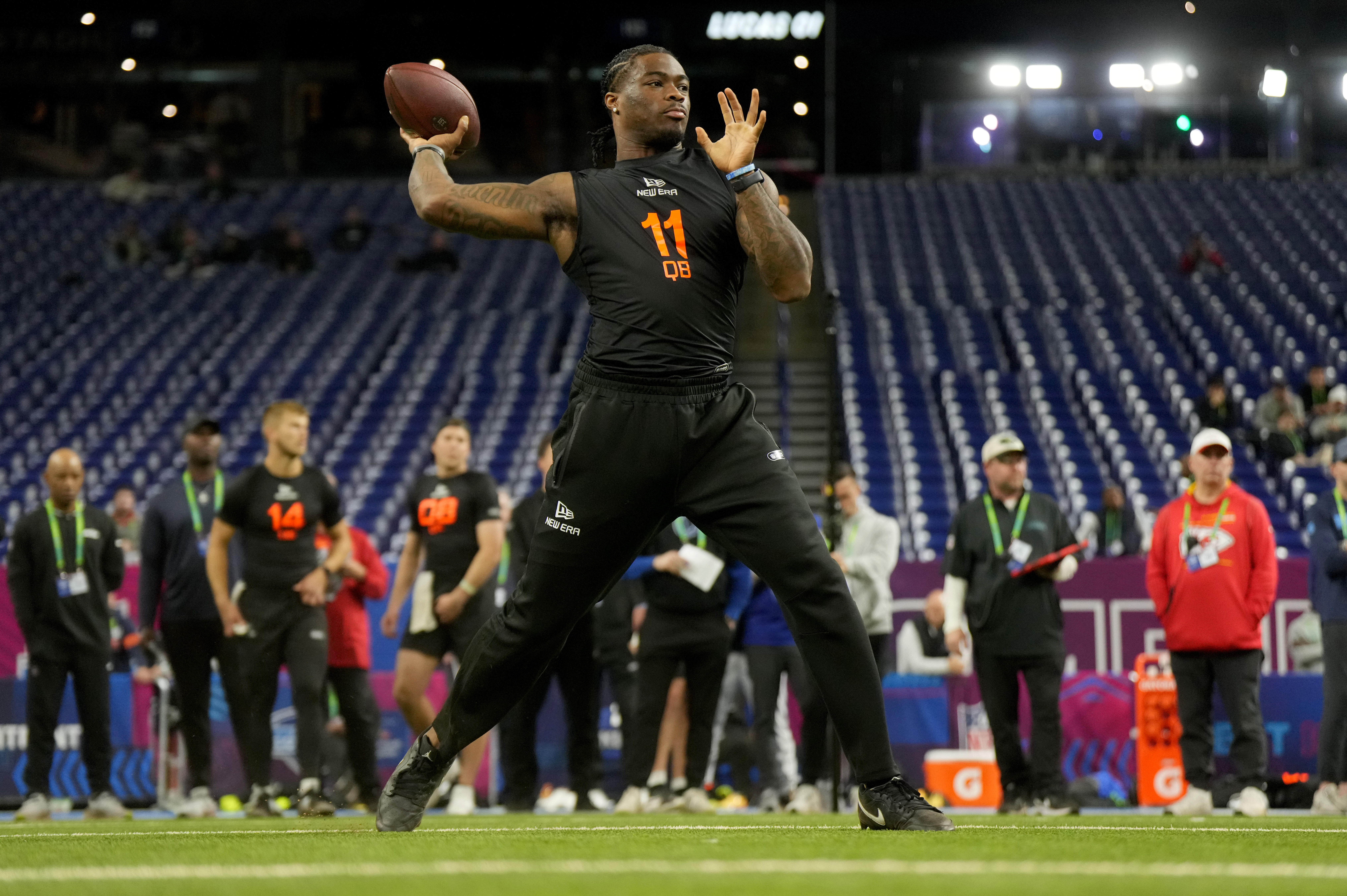 Mar 1, 2025; Indianapolis, IN, USA; Alabama quarterback Jalen Milroe (QB11) during the 2025 NFL Combine at Lucas Oil Stadium.