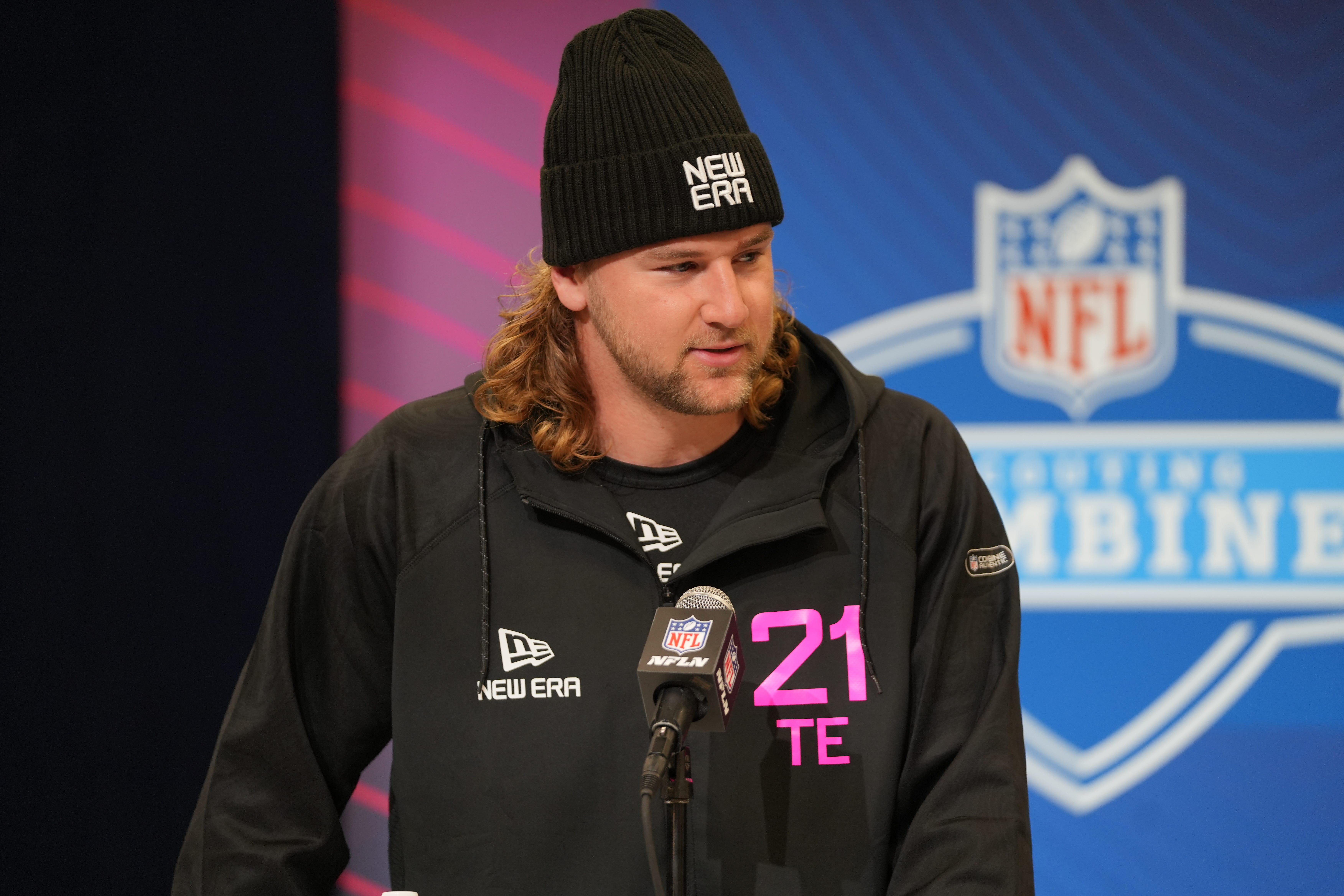 Penn State tight end Tyler Warren speaks to the media at the 2025 NFL Combine.