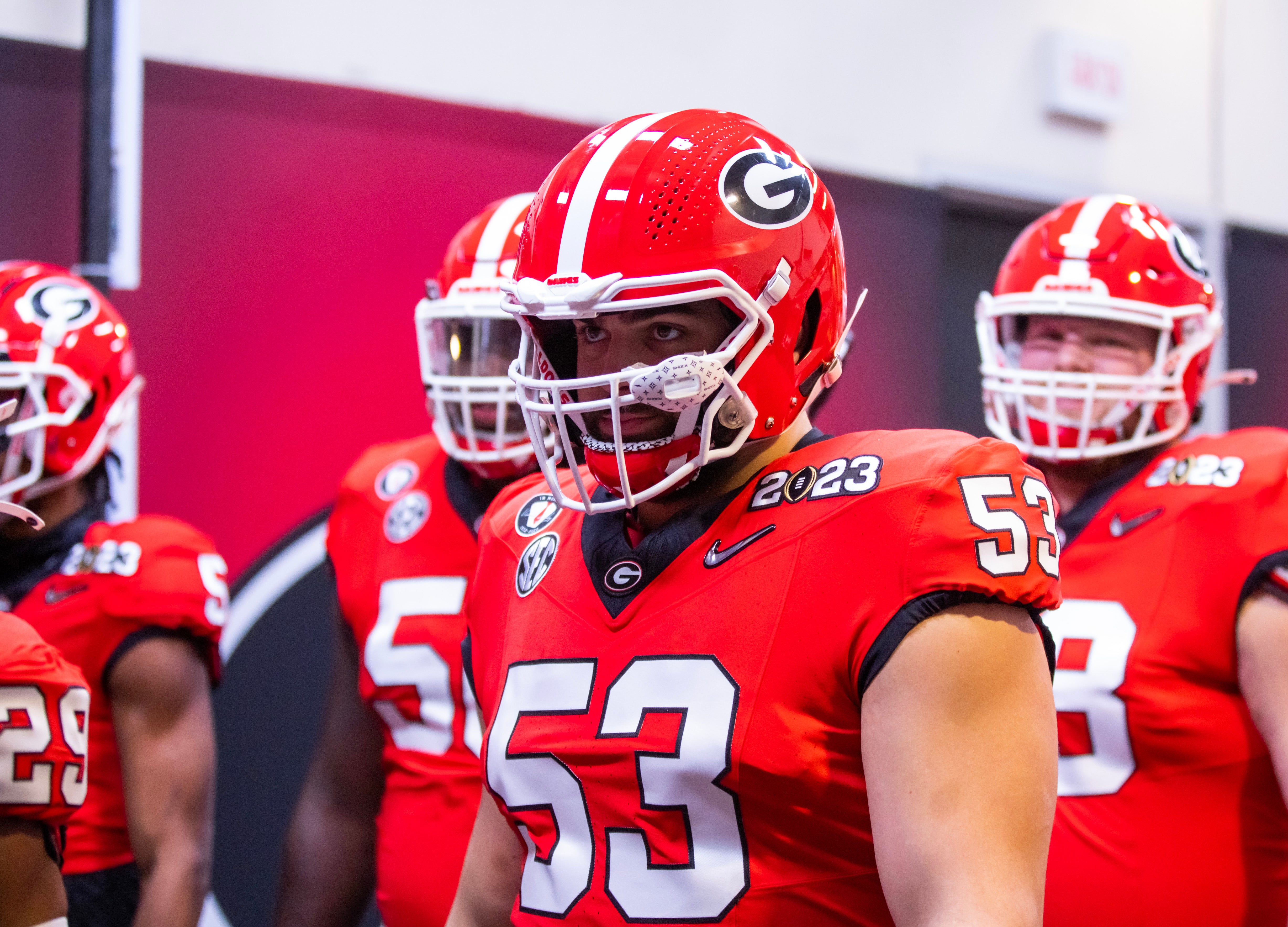 Georgia Bulldogs offensive lineman Dylan Fairchild (53) against the TCU Horned Frogs during the CFP national championship game at SoFi Stadium.